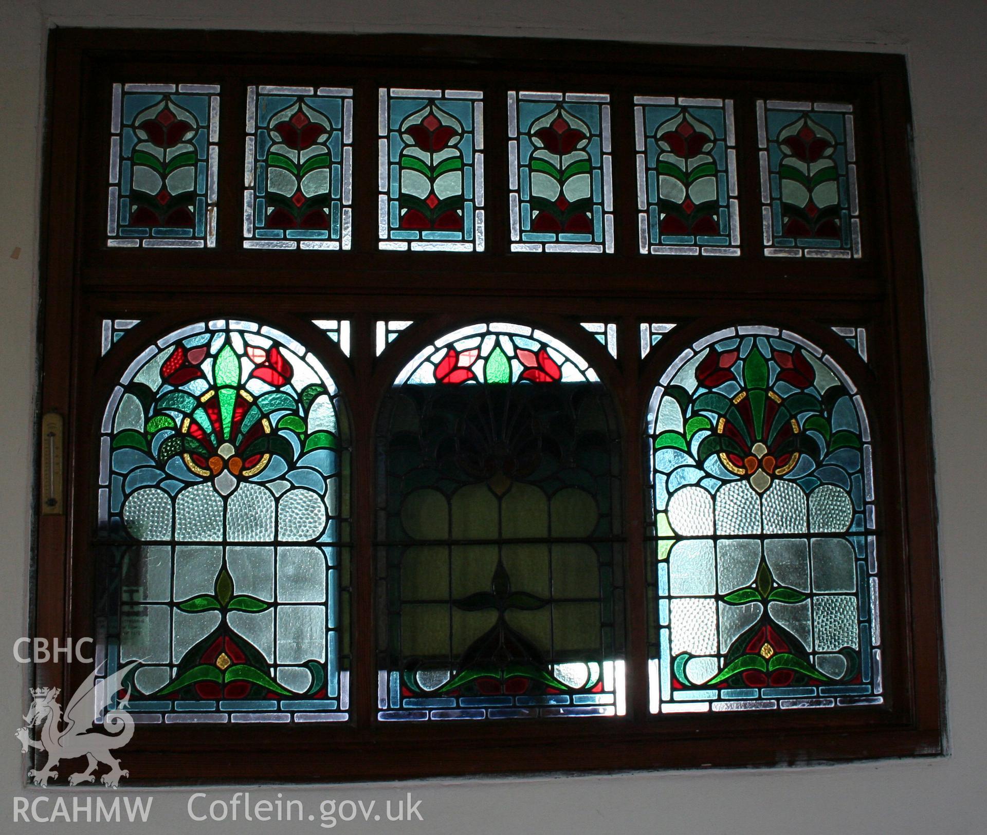 Bethany Chapel, stained glass window between the vestibule and main interior.