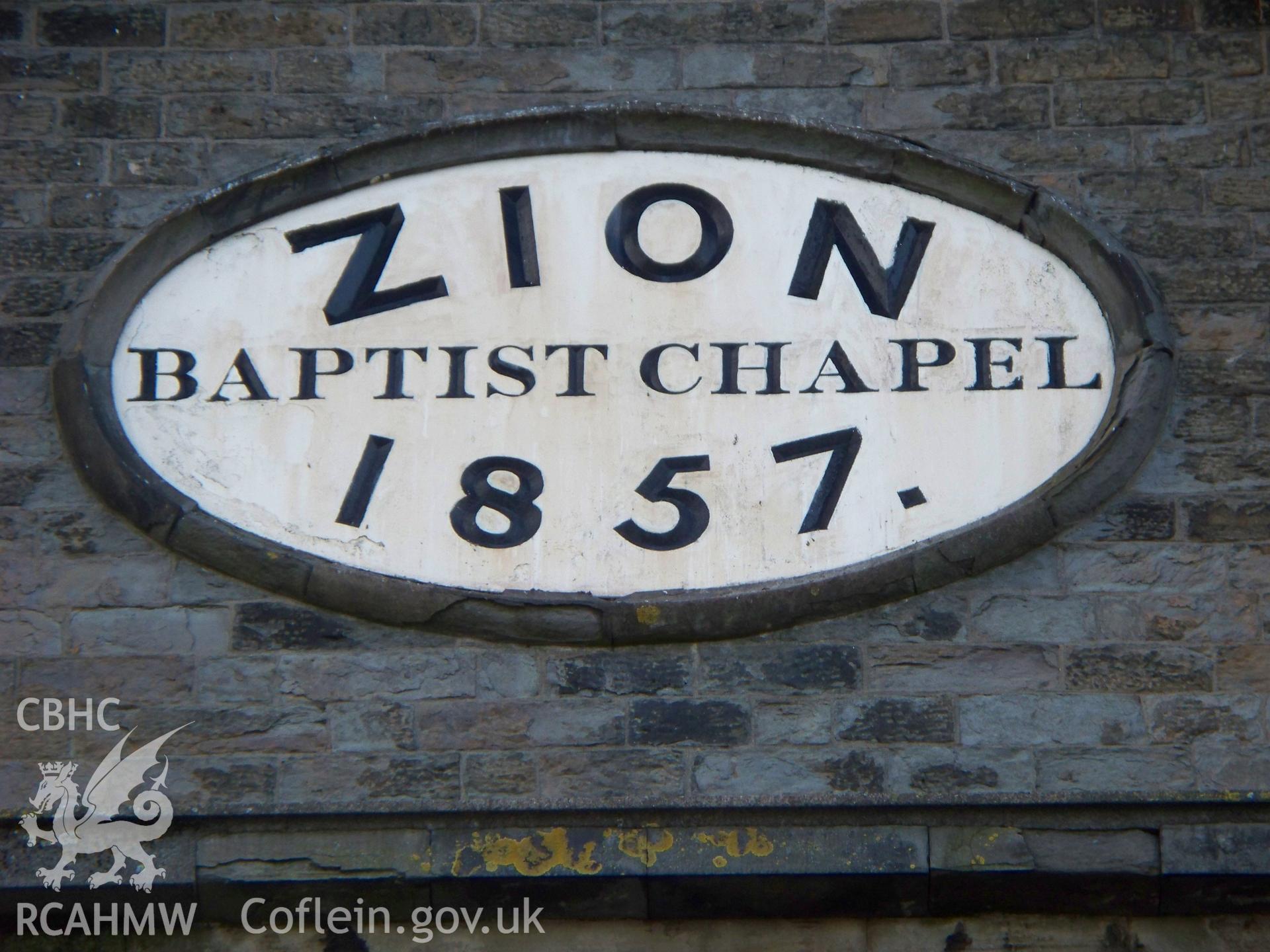 `Zion Baptist Chapel 1857? oval plaque on SE front gable.