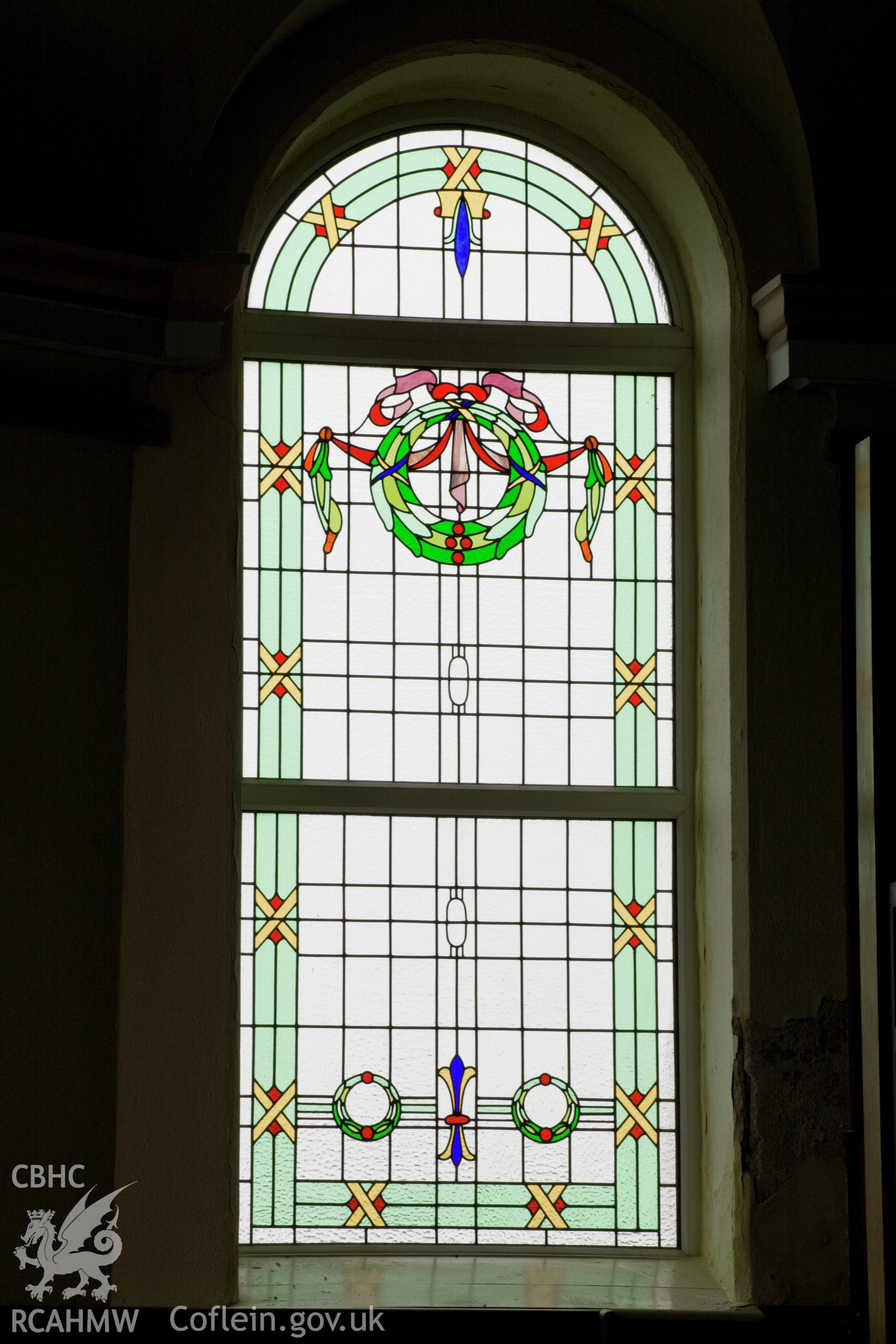Stained glass window on left of Sedd Fawr.