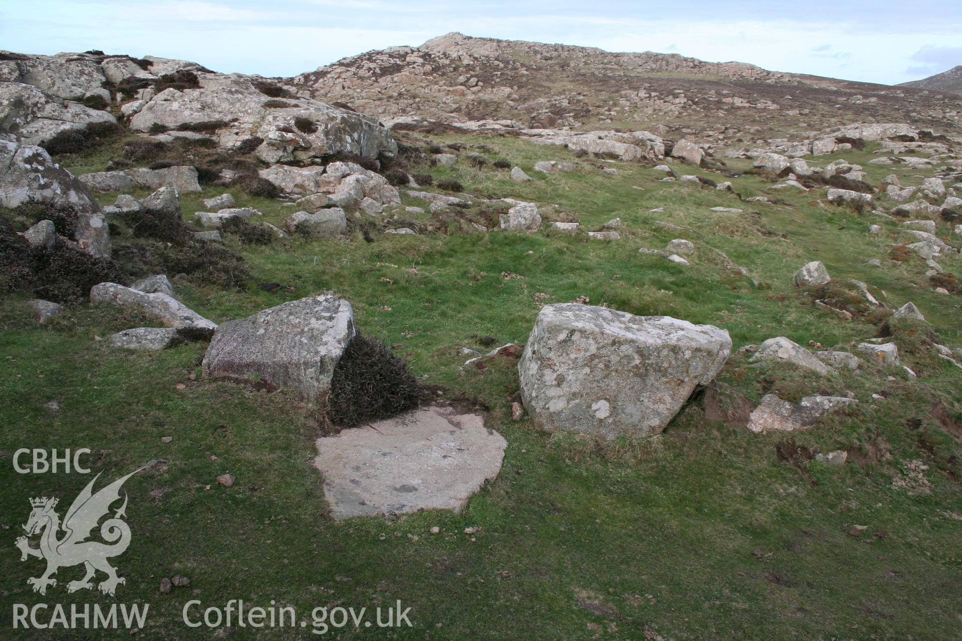 Clawdd y Milwyr promontory fort. Interior of fort showing north-western-most round house, with doorway, looking east.
