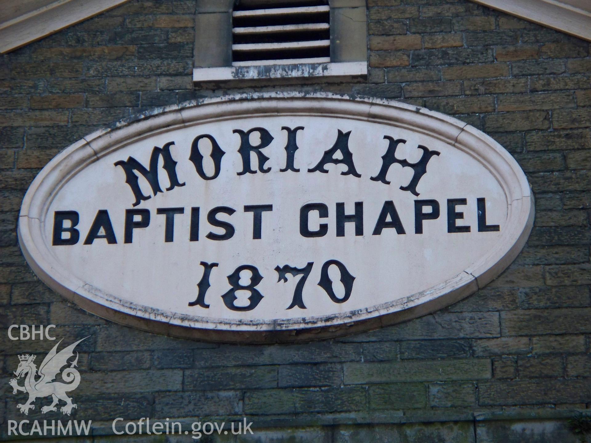 `Moriah Baptist Chapel 1870? plaque on main NE front.