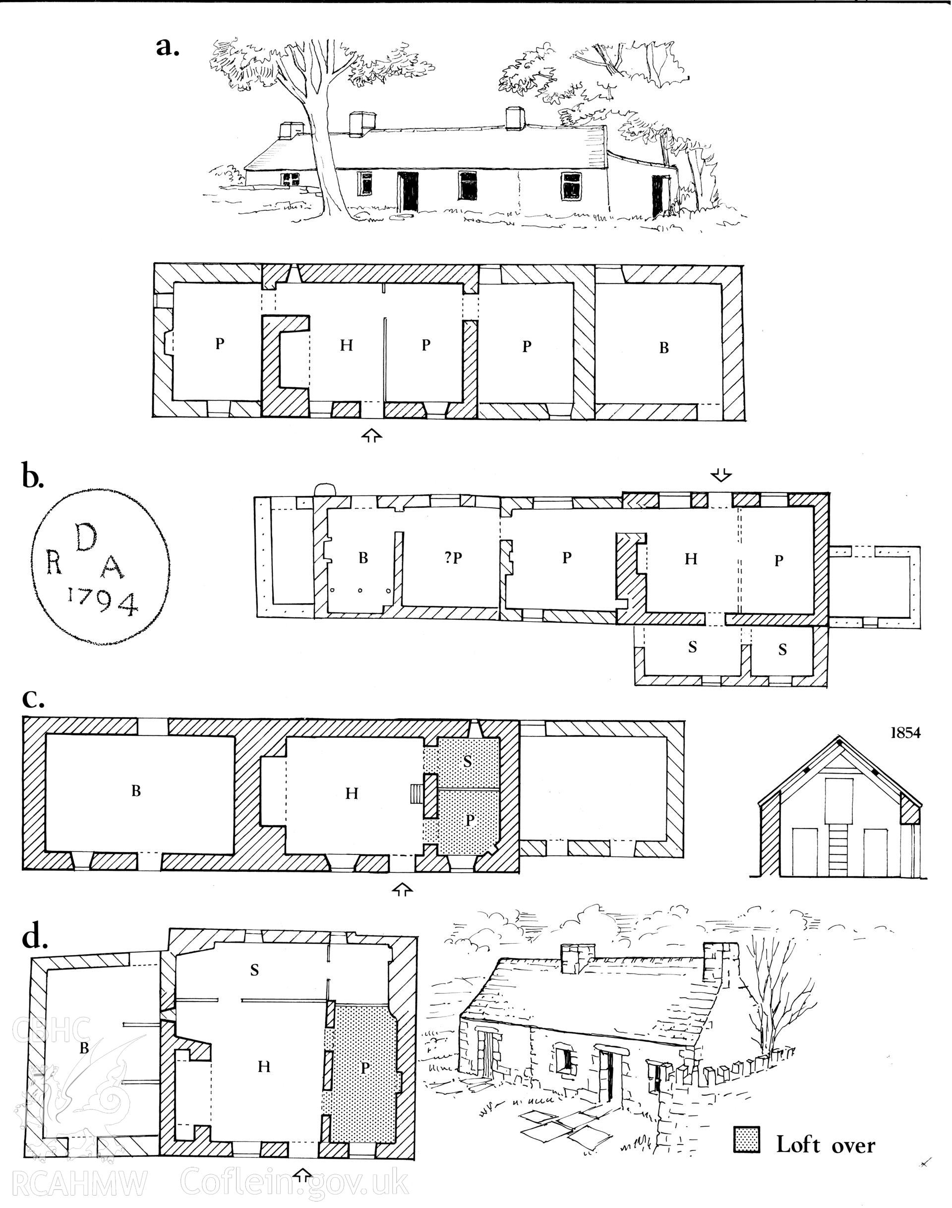 Multi-site RCAHMW drawing, 4 sites, (ink on linen) showing plan & elevation of small cottages in the parish of Llanwnda, as published in Houses of the Welsh Countryside, fig 184.