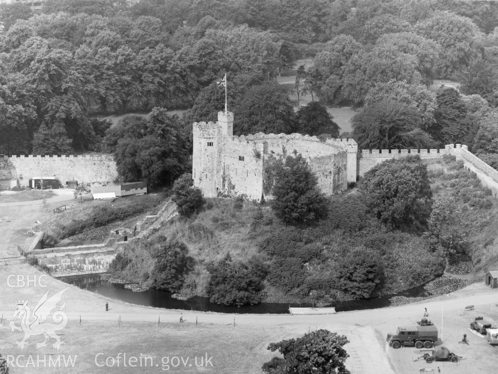 1 b/w print showing view of Cardiff castle, collated by the former Central Office of Information.