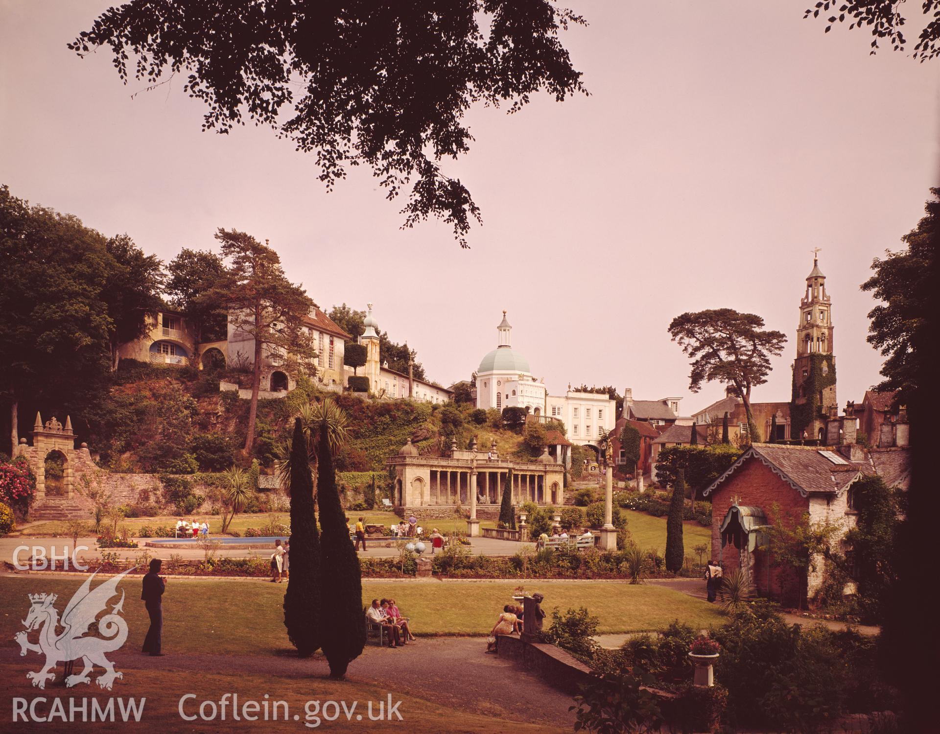 1 colour transparency showing view of Portmeirion village; collated by the former Central Office of Information.
