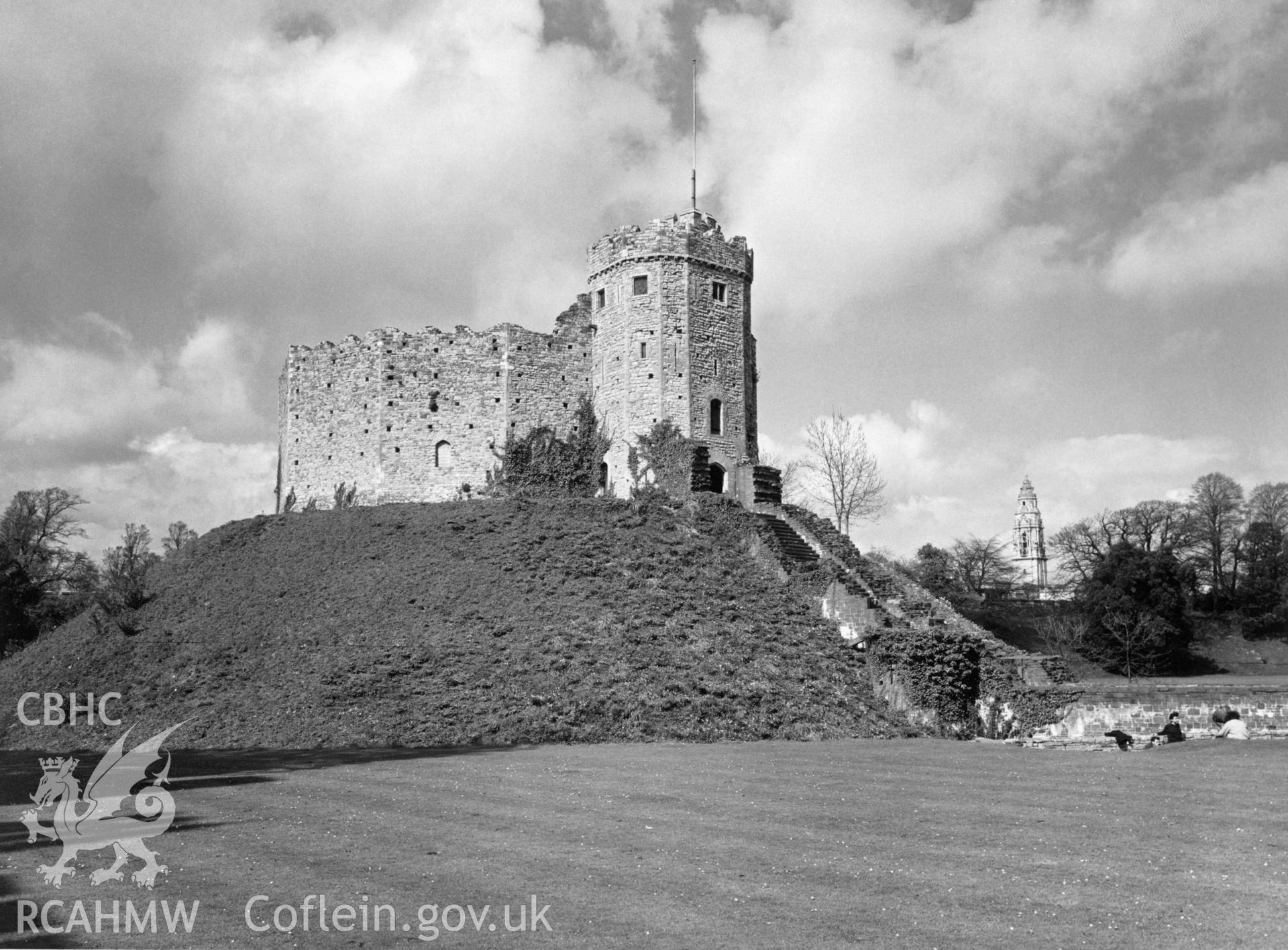 1 b/w print showing view of Cardiff castle keep, collated by the former Central Office of Information.