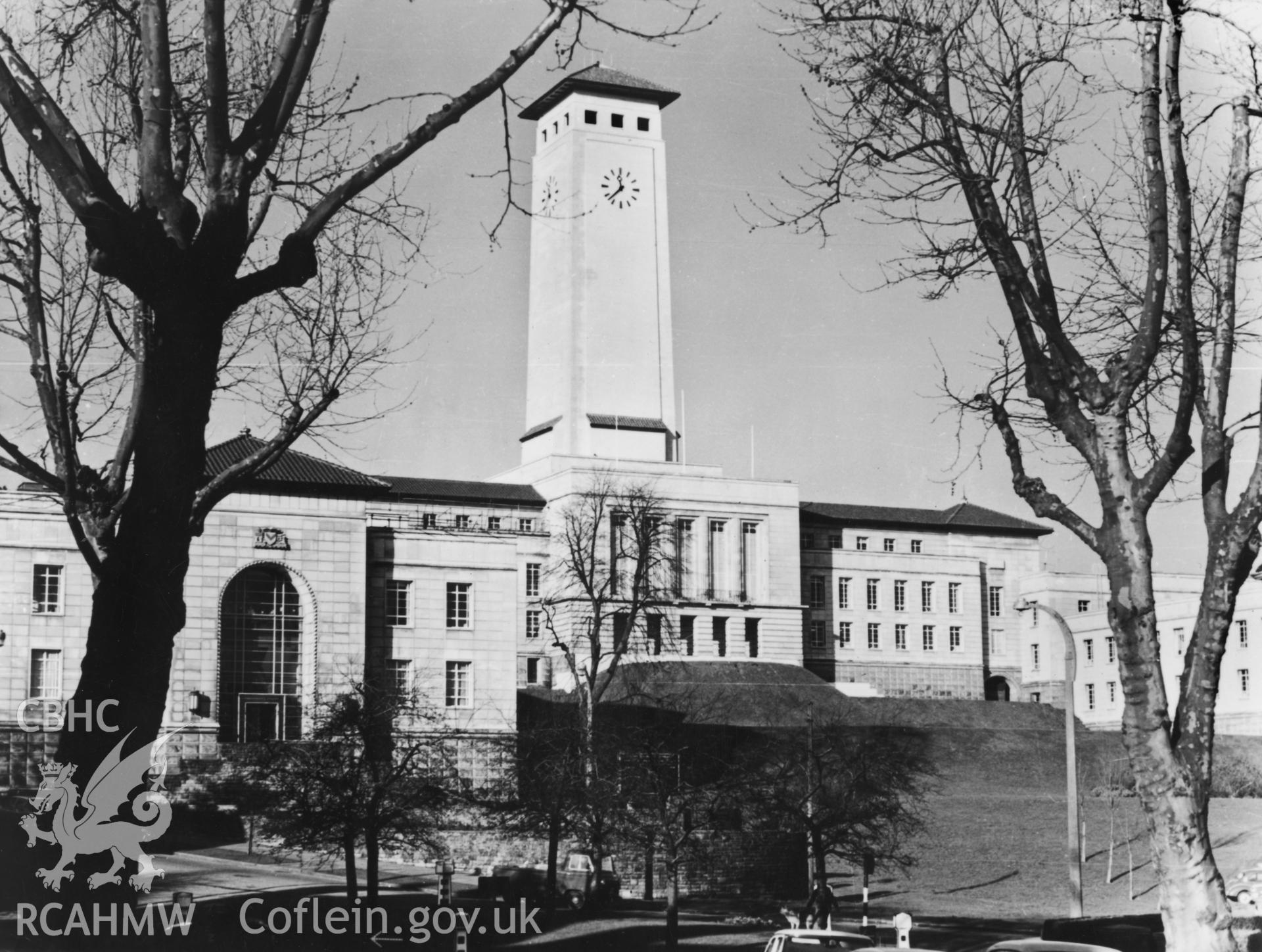 1 b/w print showing exterior view of Newport Civic Centre; collated by the former Central Office of Information.