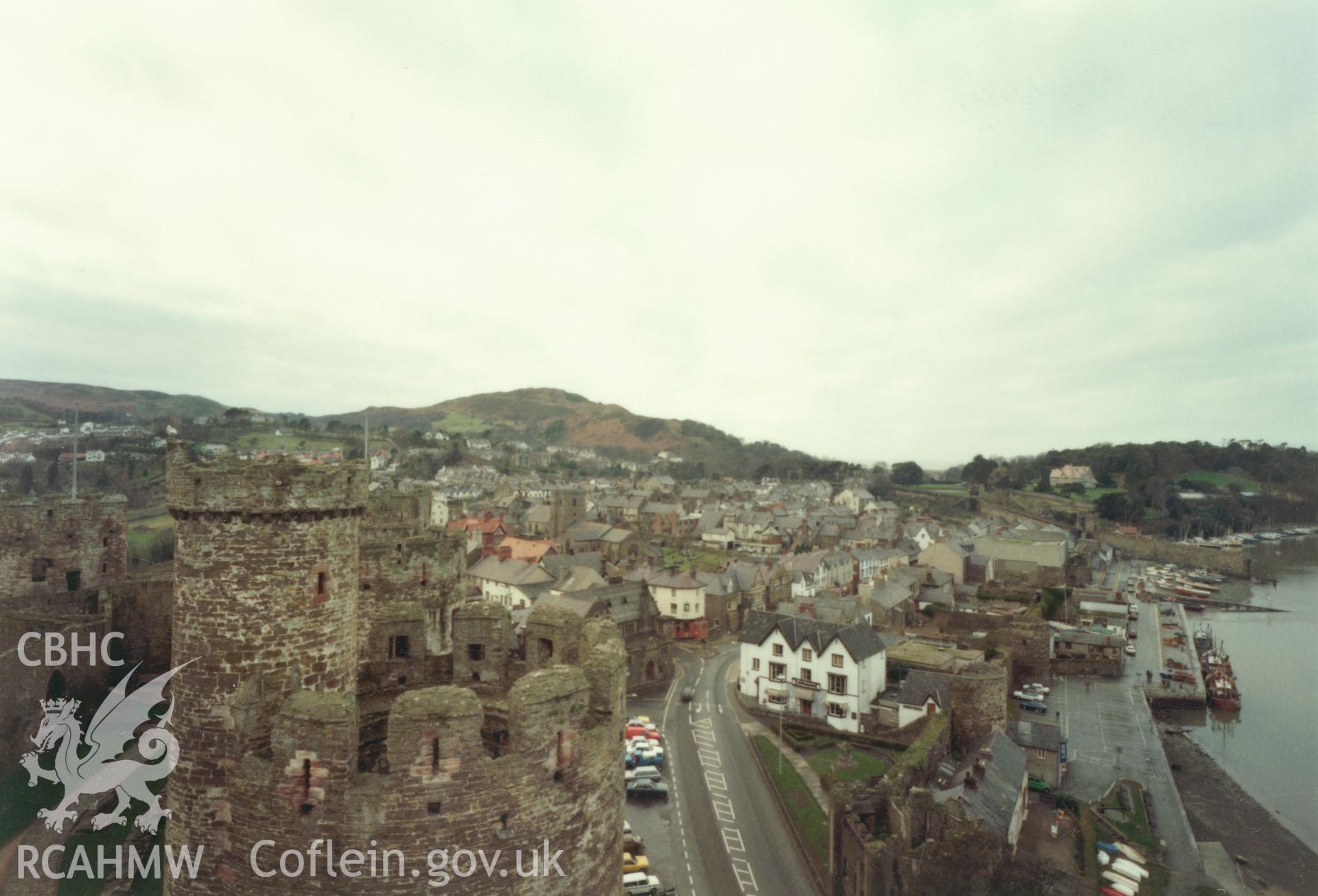 1 of a set of 27 colour prints: print showing view of town from Conwy castle, collated by the former Central Office of Information.