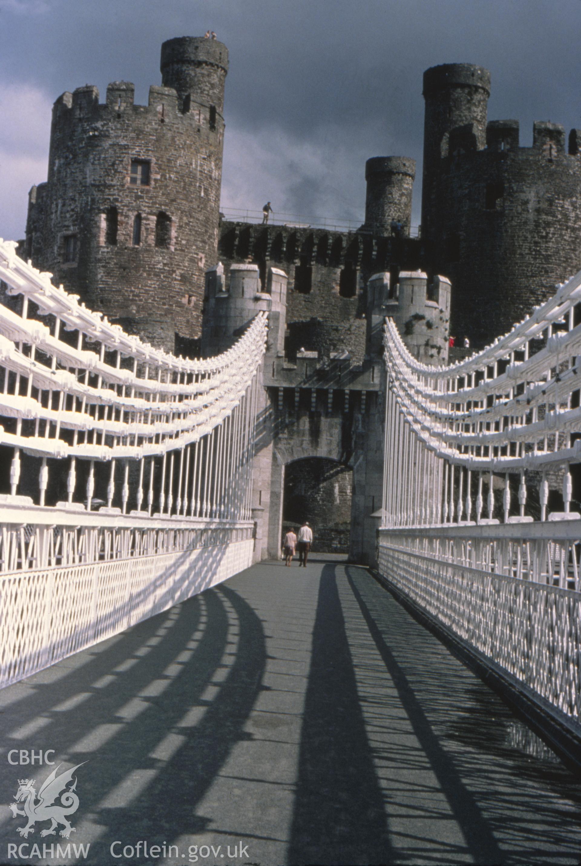 Colour photographic transparency showing view of Conwy castle entrance; collated by the former Central Office of Information.