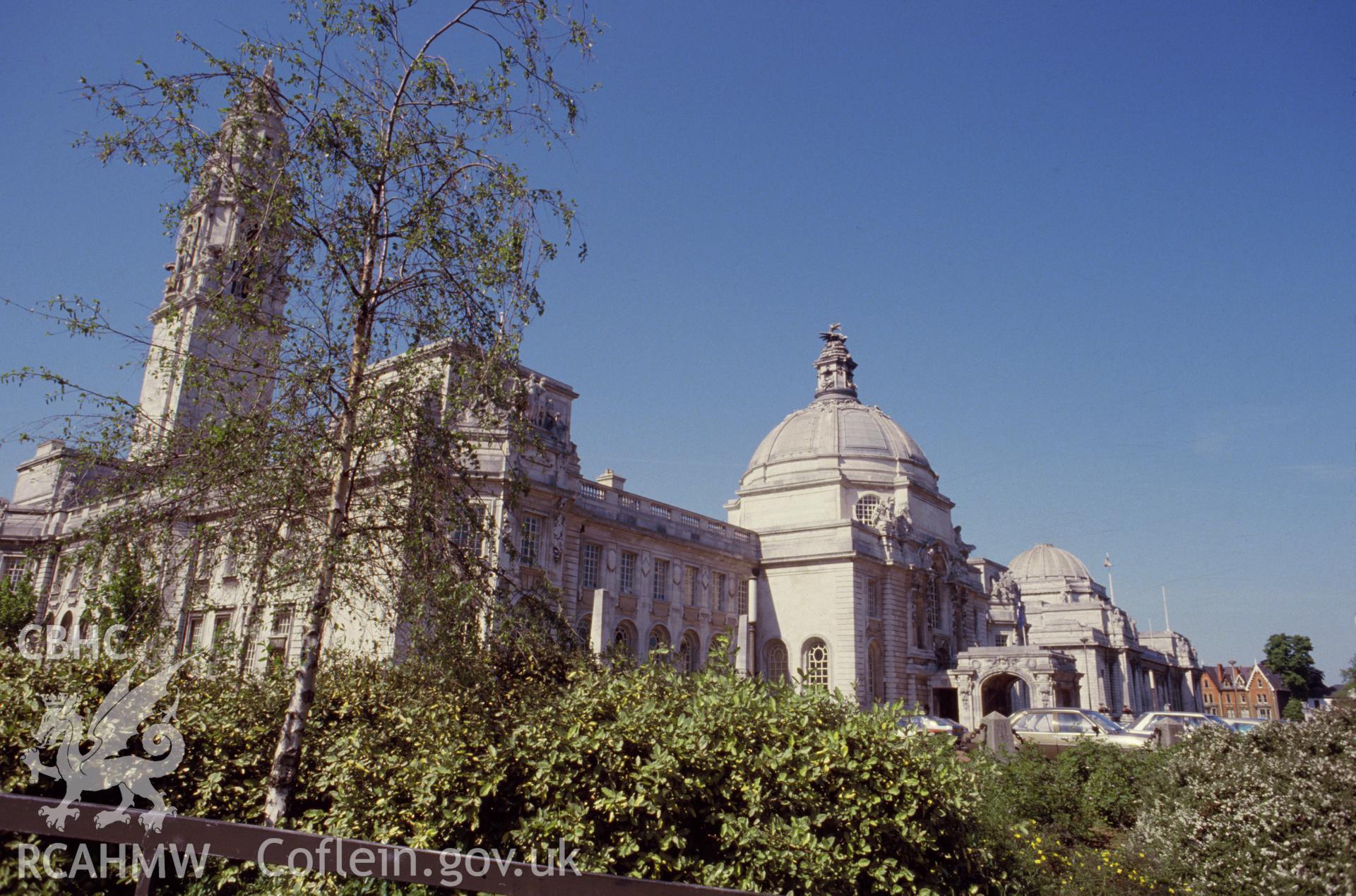 Colour transparency showing view of Civic Centre, Cathays Park, Cardiff; collated by the former Central Office of Information.