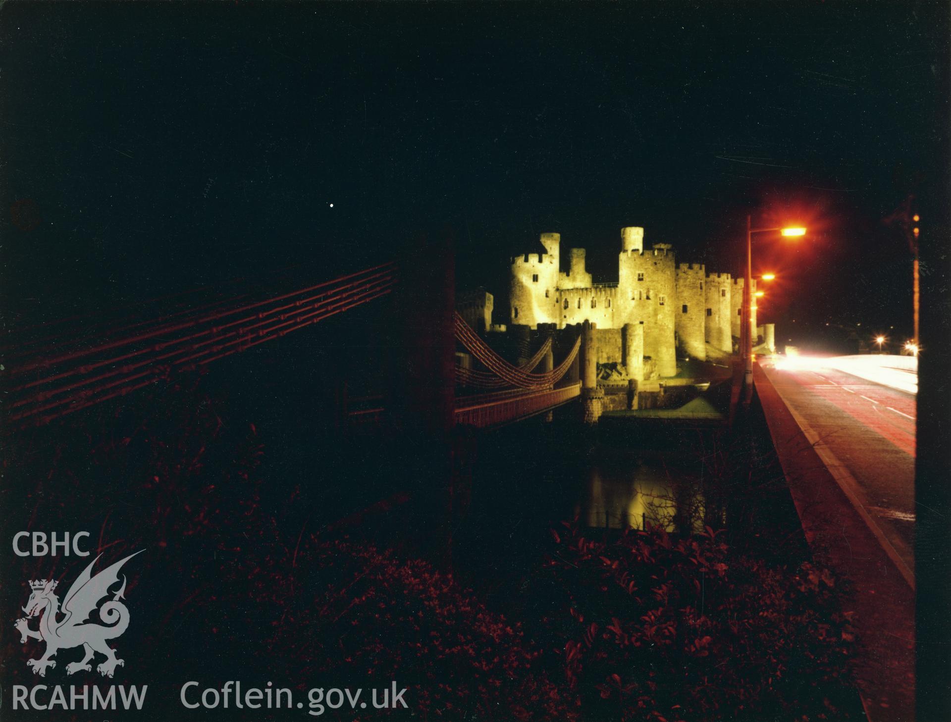 1 colour print showing night view of Conwy castle, collated by the former Central Office of Information.