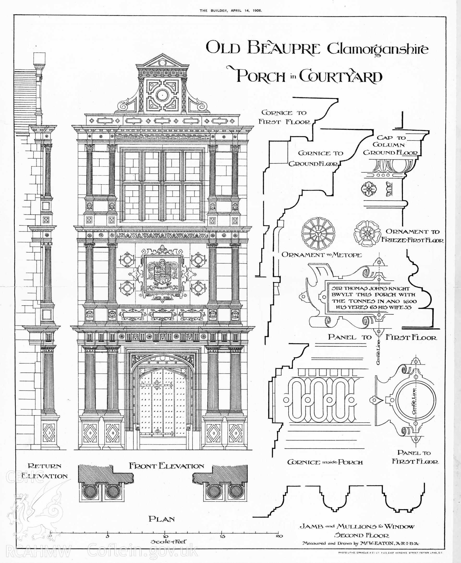 Copy of a non RCAHMW drawing showing elevation and detail at Old Beaupre, published in The Builder, April 14th, 1906.