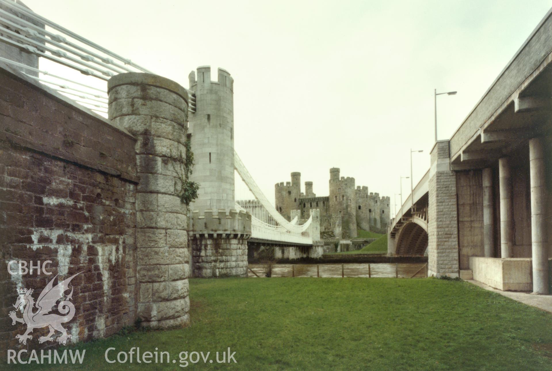 1 of a set of 27 colour prints: print showing view of Conwy castle and bridges, collated by the former Central Office of Information.