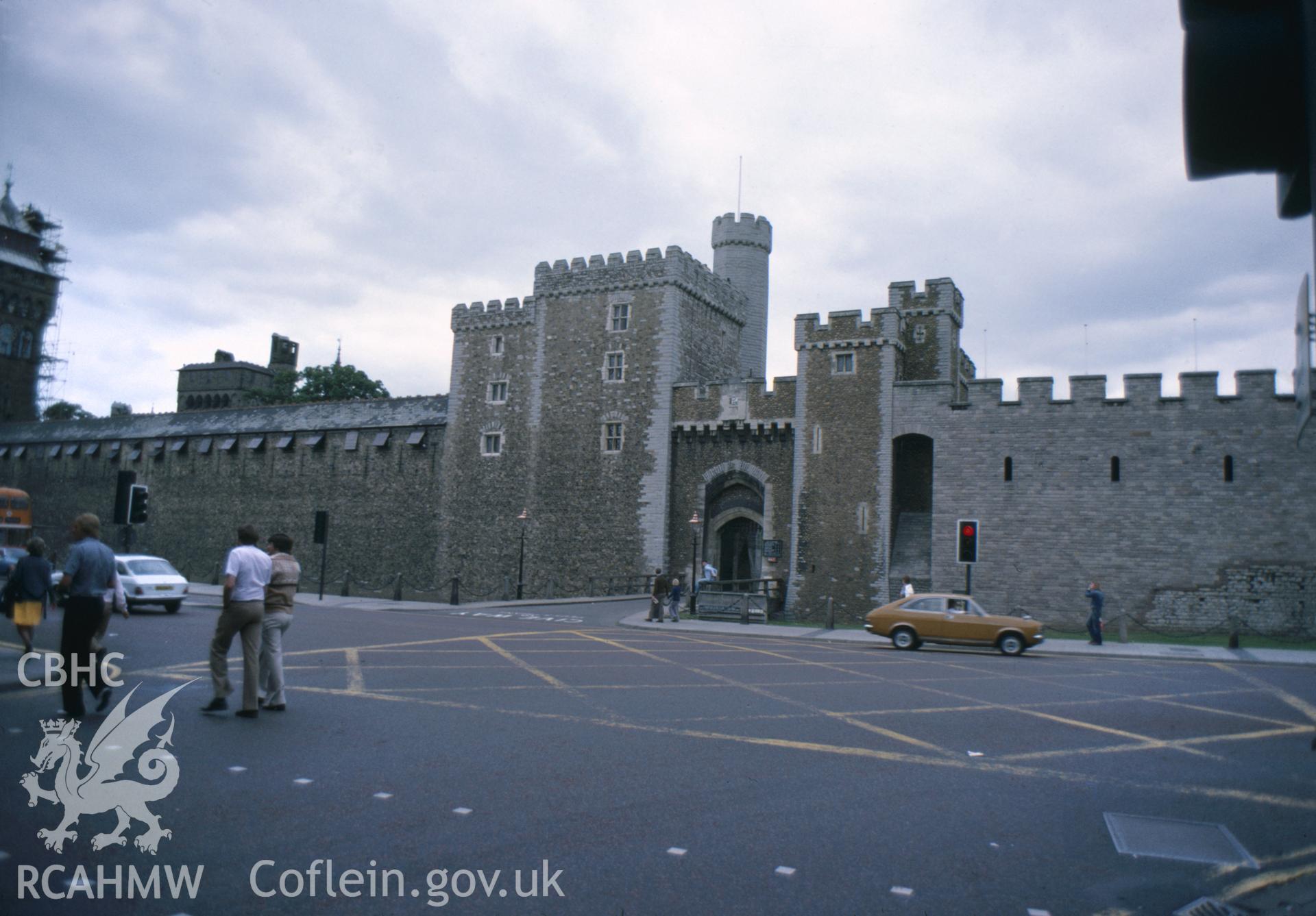 Colour photographic transparency showing Cardiff Castle; collated by the former Central Office of Information.