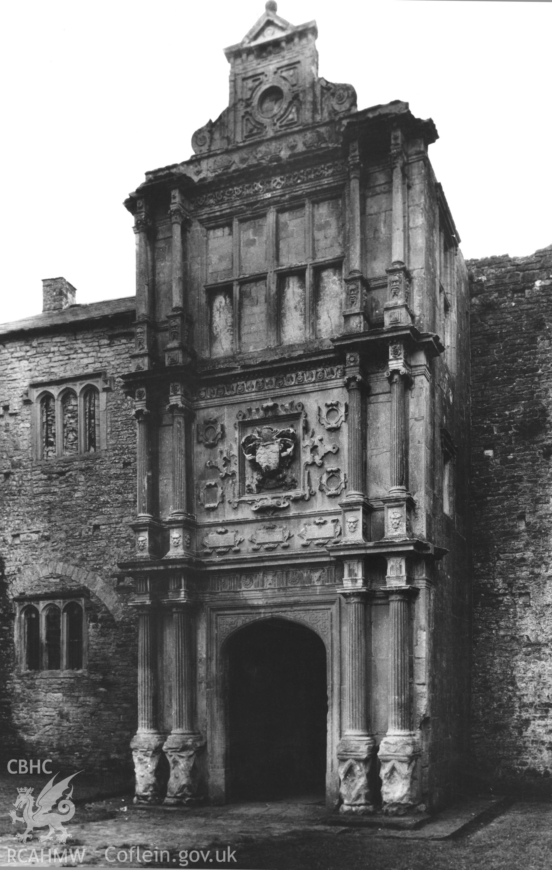 B&W photo showing view of the porch at Old Beaupre, Glamorgan, produced by Douglas Hague, undated.