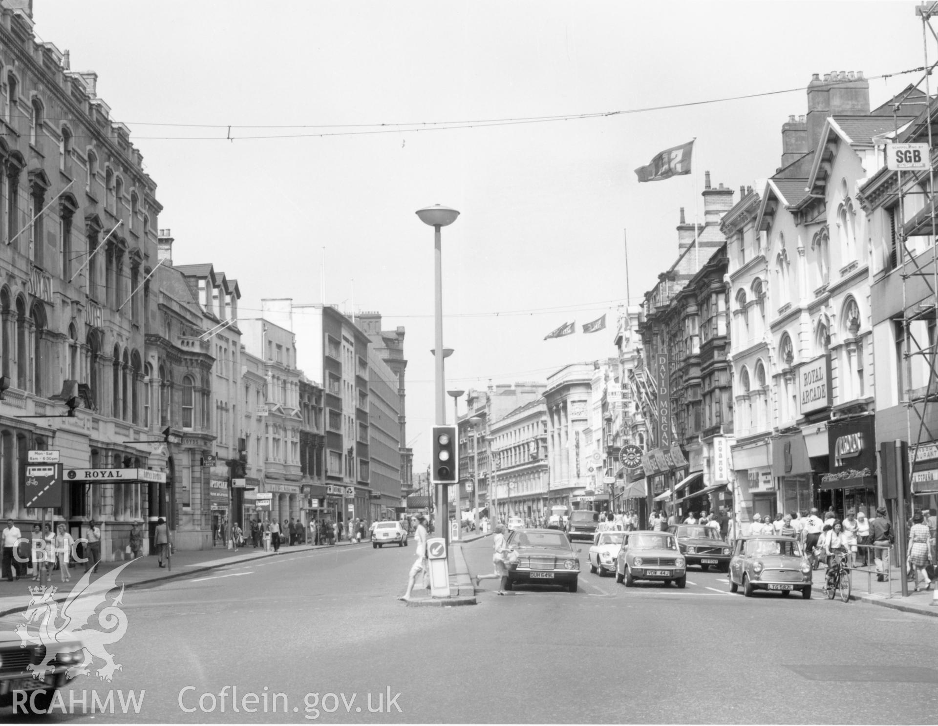 1 b/w print showing St Mary Street, Cardiff, collated by the former Central Office of Information.
