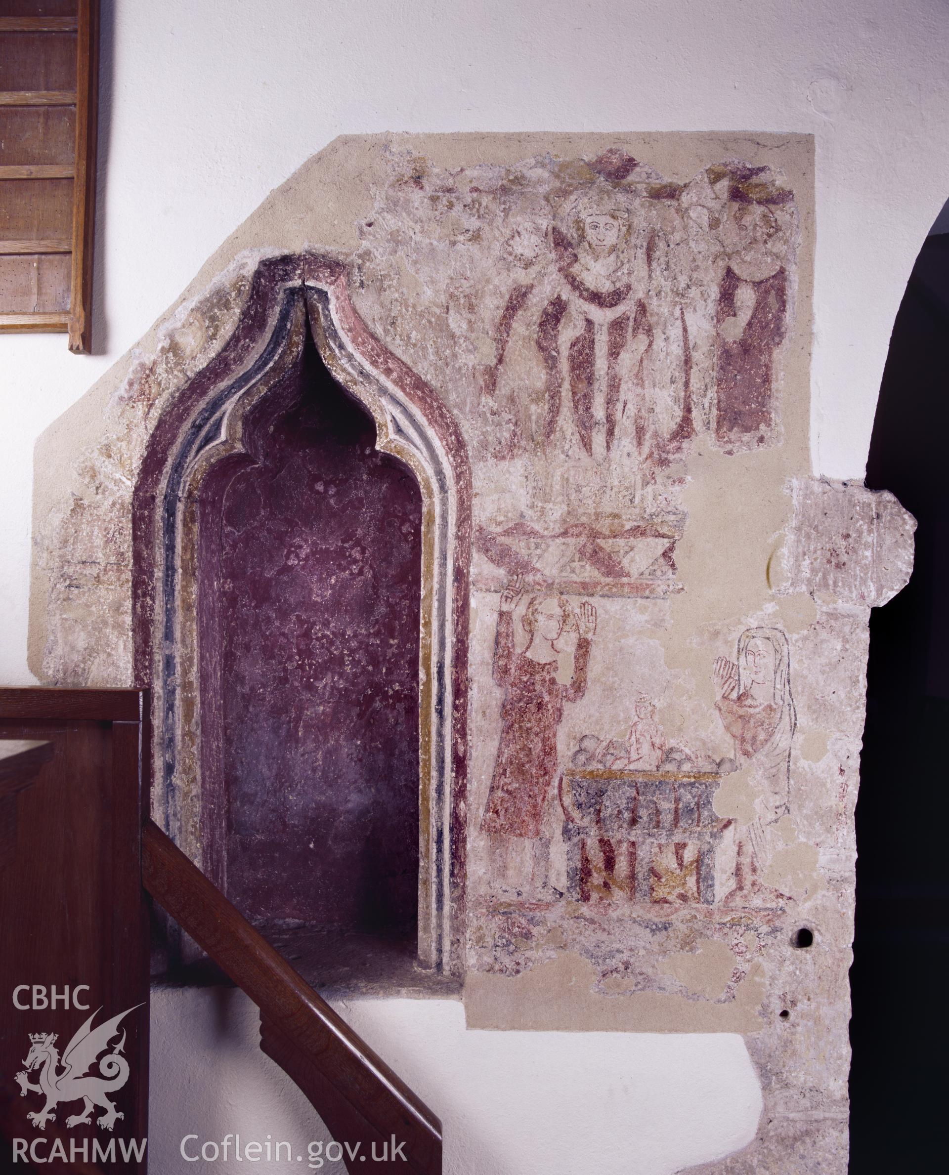 RCAHMW colour transparency showing a wallpainting at Colwinston Church, depicting a scene from the life of St Nicholas.