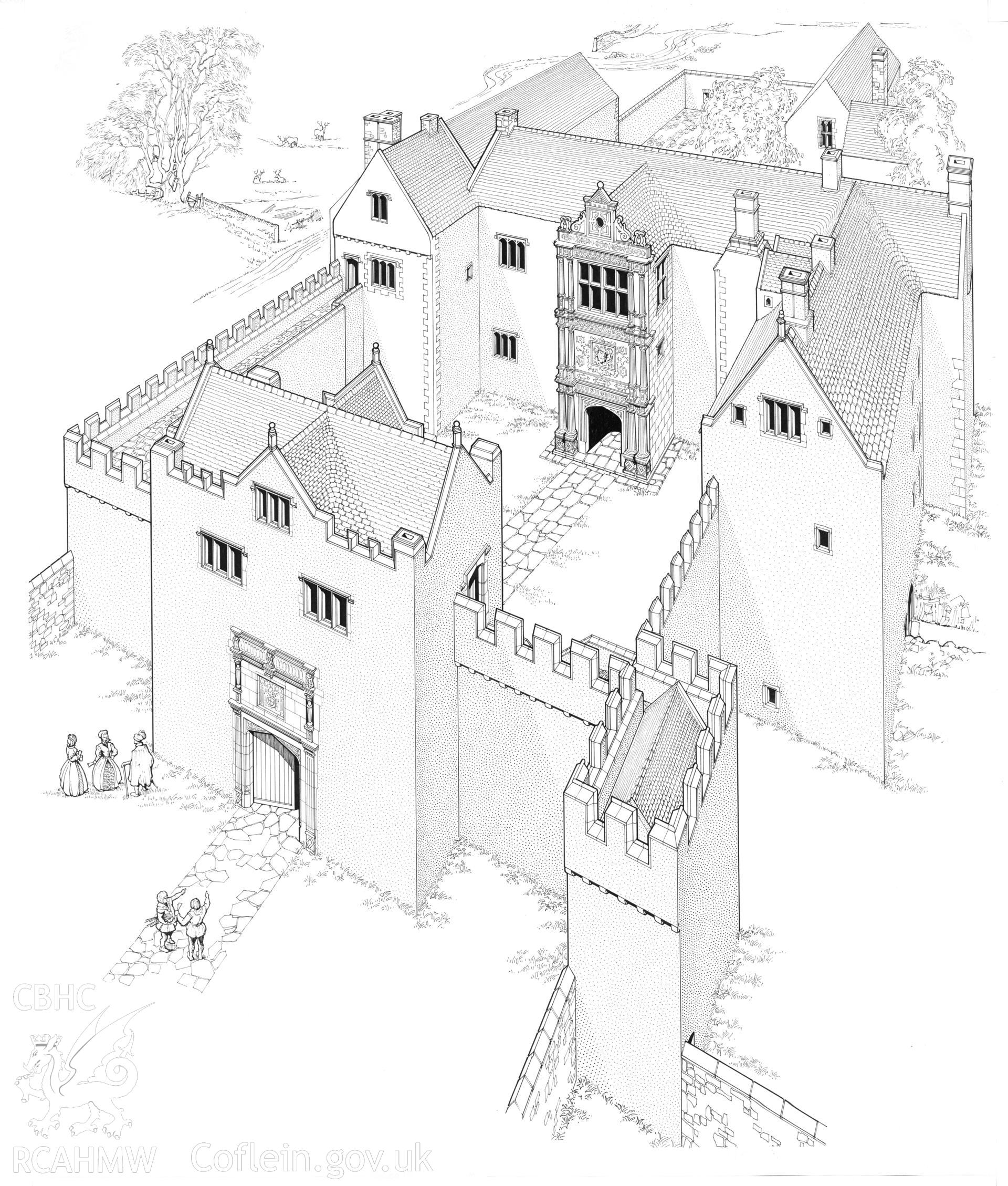 RCAHMW drawing showing exterior view of Old Beaupre, St Hilary.