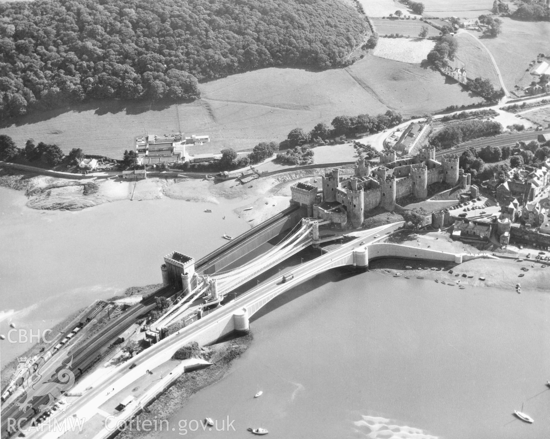 1 b/w print showing aerial view of Conwy castle and new road bridge, collated by the former Central Office of Information.