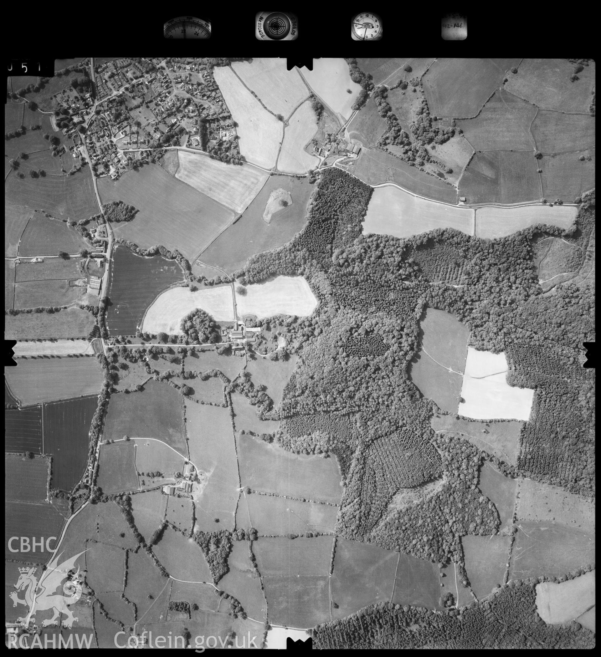 Digitized copy of an aerial photograph showing Llangybi Castle, taken by Ordnance Survey, 1992.