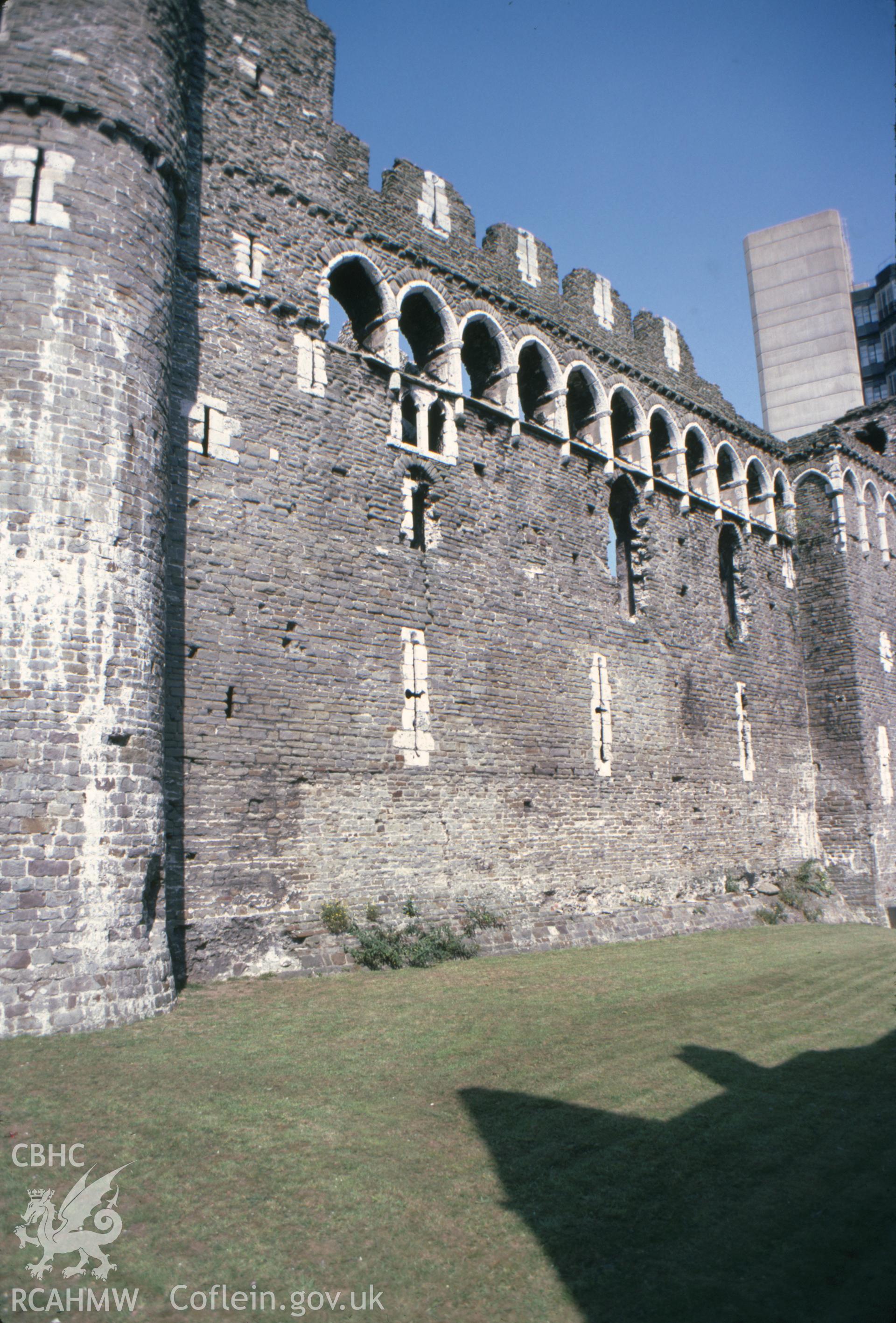 Colour photographic transparency showing view of Swansea Castle; collated by the former Central Office of Information.