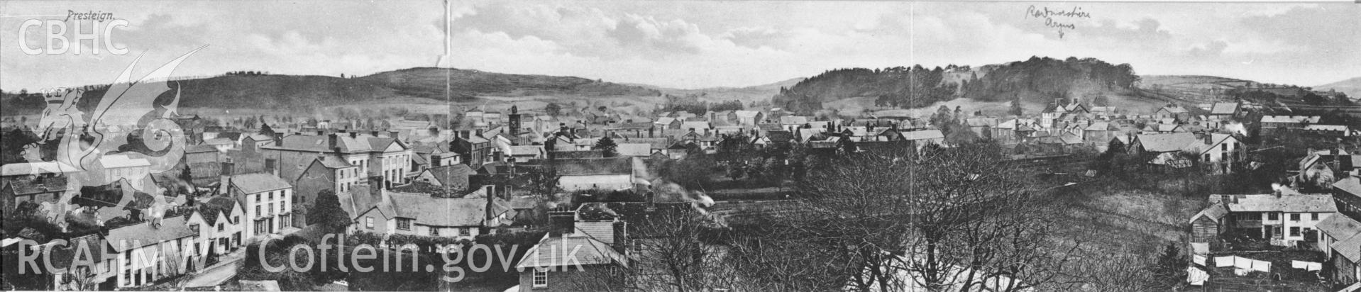 Copy of early postcard showing panoramic view of Presteigne town