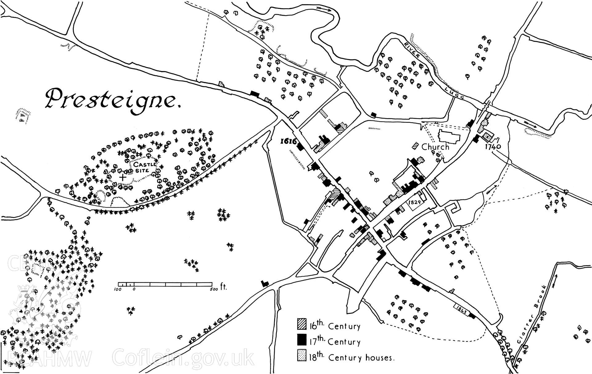 RCAHMW drawing showing plan of Presteigne.