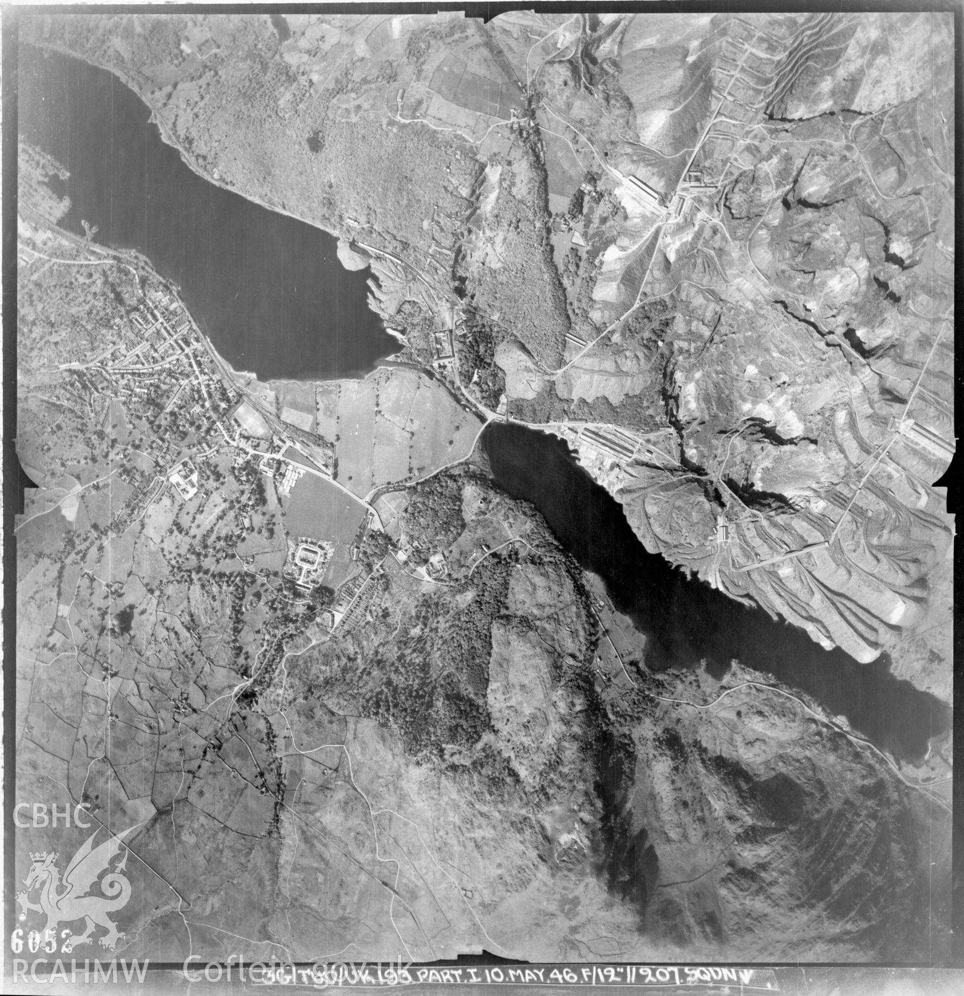 Black and white vertical aerial photograph taken by the RAF on 10/05/1946 centred on SH5859 at a scale of 1:10000. The photograph includes the area around Dolbadarn Castle