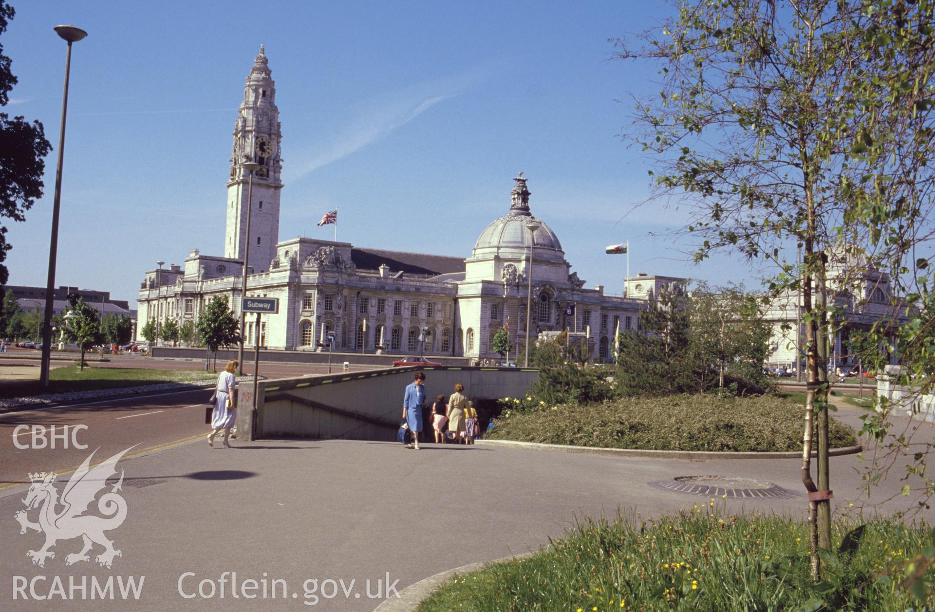 Colour transparency showing view of the Civic Centre, Cathays Park, Cardiff; collated by the former Central Office of Information.