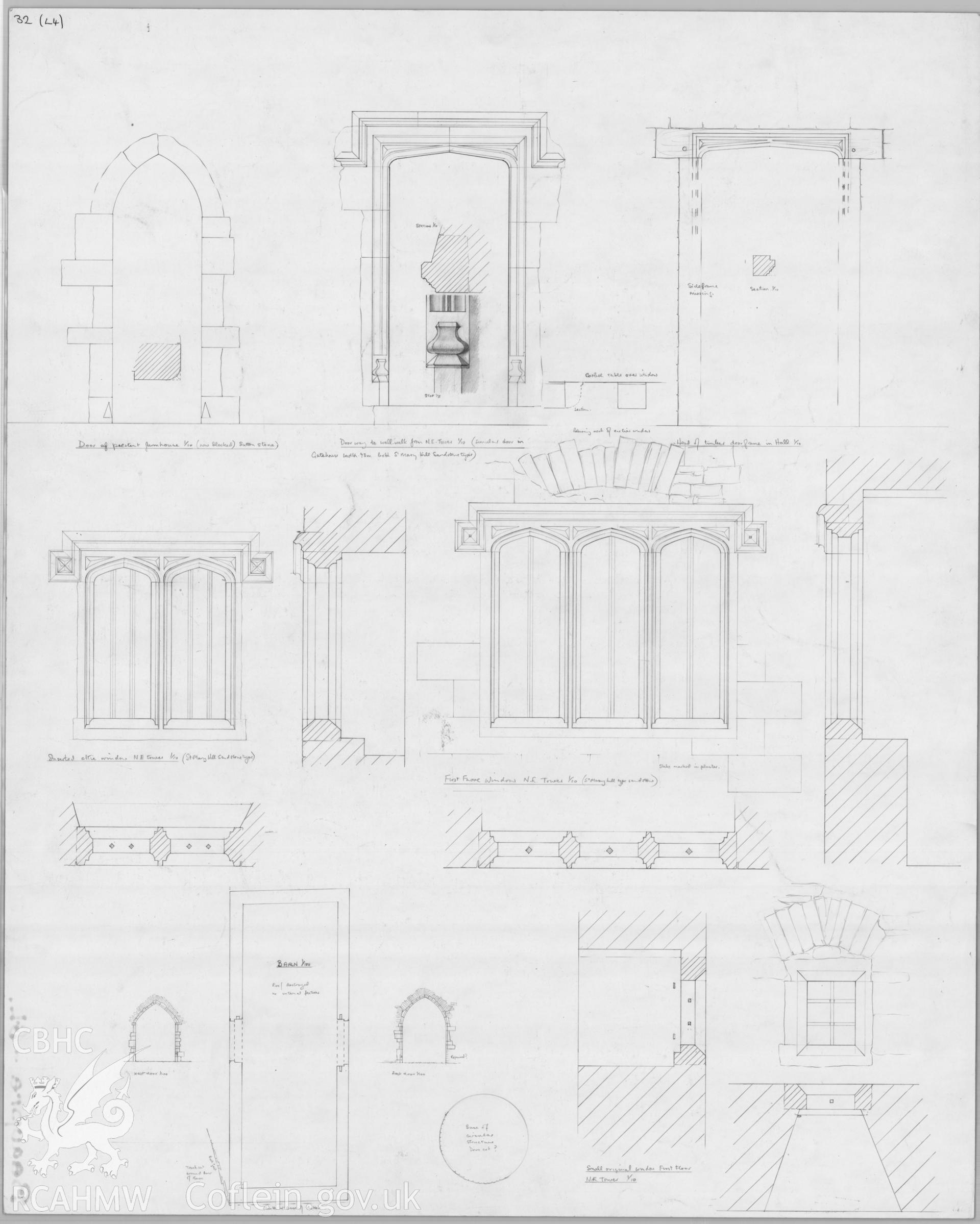 Measured pencil drawing showing doorways and windows of the north-east tower and a plan of the barn at Old Beaupre.
