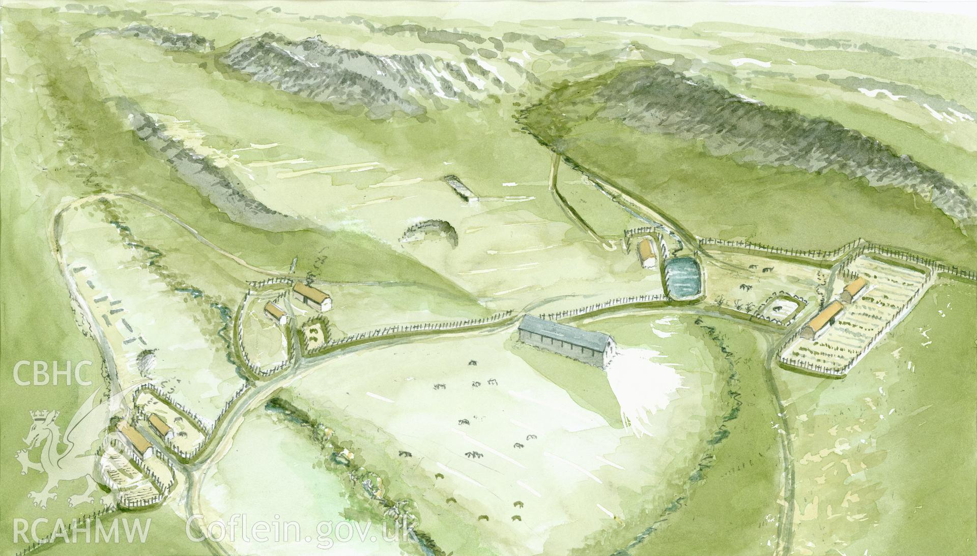 Watercolour showing the Troed y Rhiw landscape as it would have appeared around 1500, produced by Geoff Ward, 2009