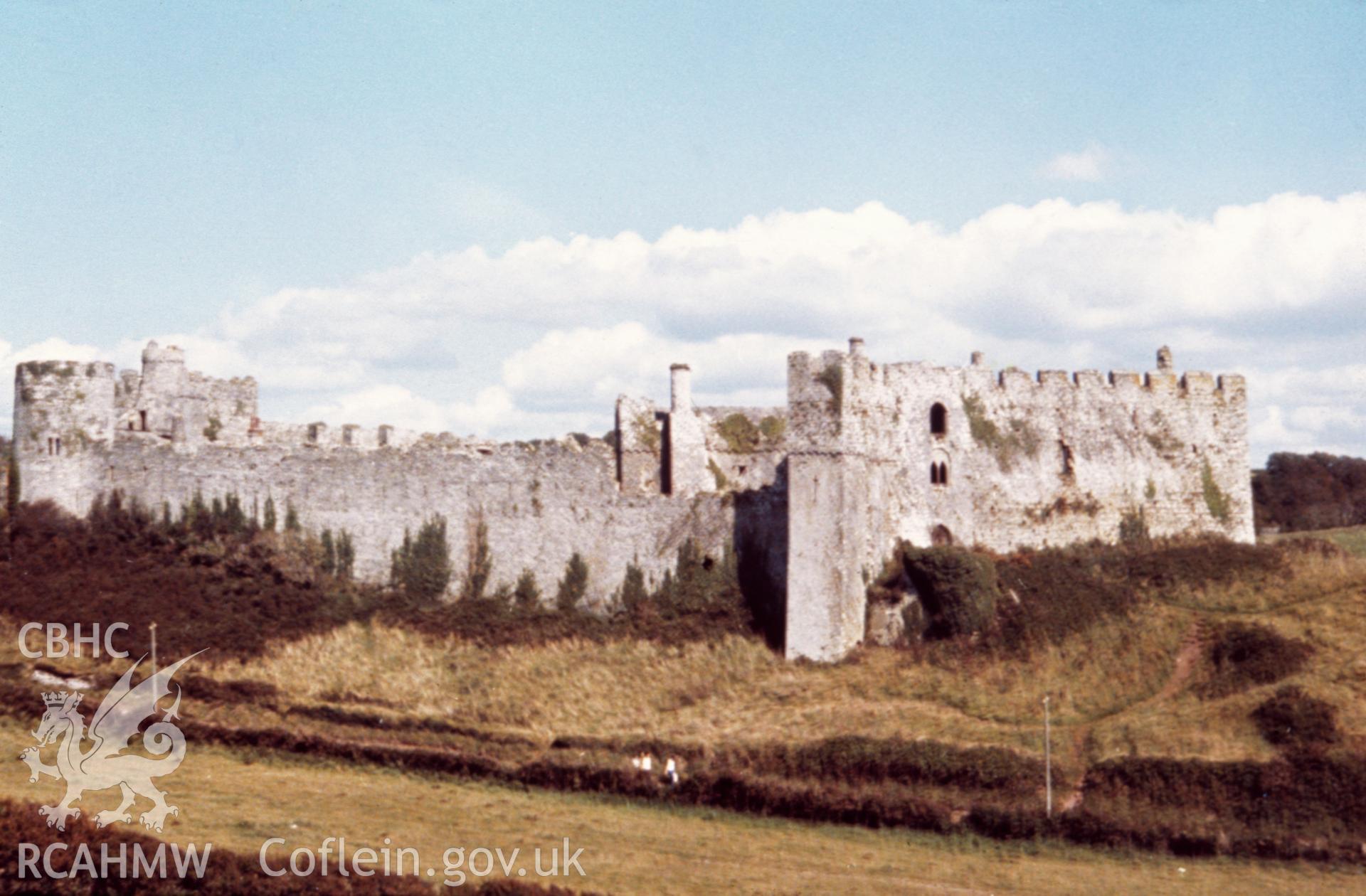 Colour photographic transparency showing view of Manorbier Castle, undated; collated by the former Central Office of Information.