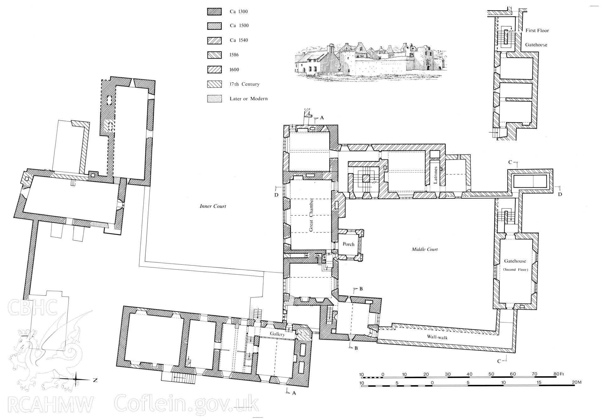 RCAHMW drawing showing plan and elevation of Old Beaupre, St Hilary, published in Glamorgan IV, fig 3