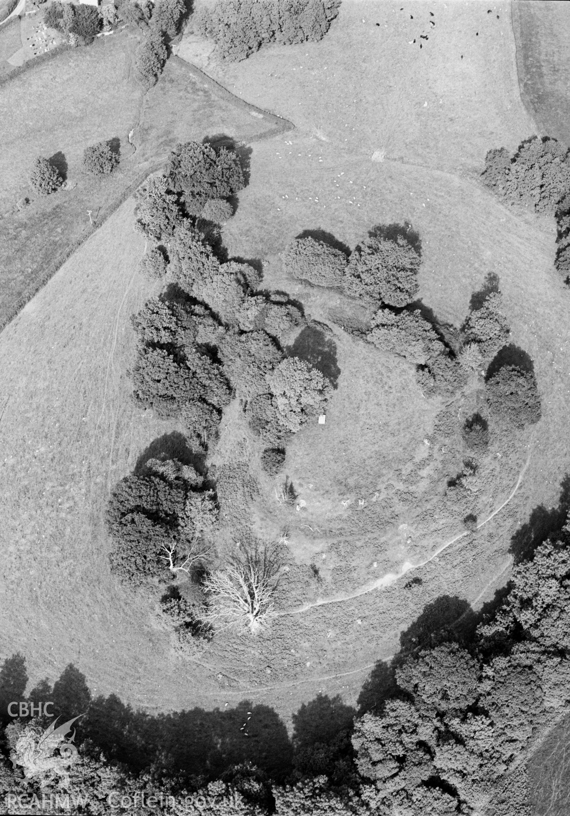 RCAHMW Black and white oblique aerial photograph of Crickadarn Defended Enclosure, Erwood, taken on 19/06/1998 by Toby Driver