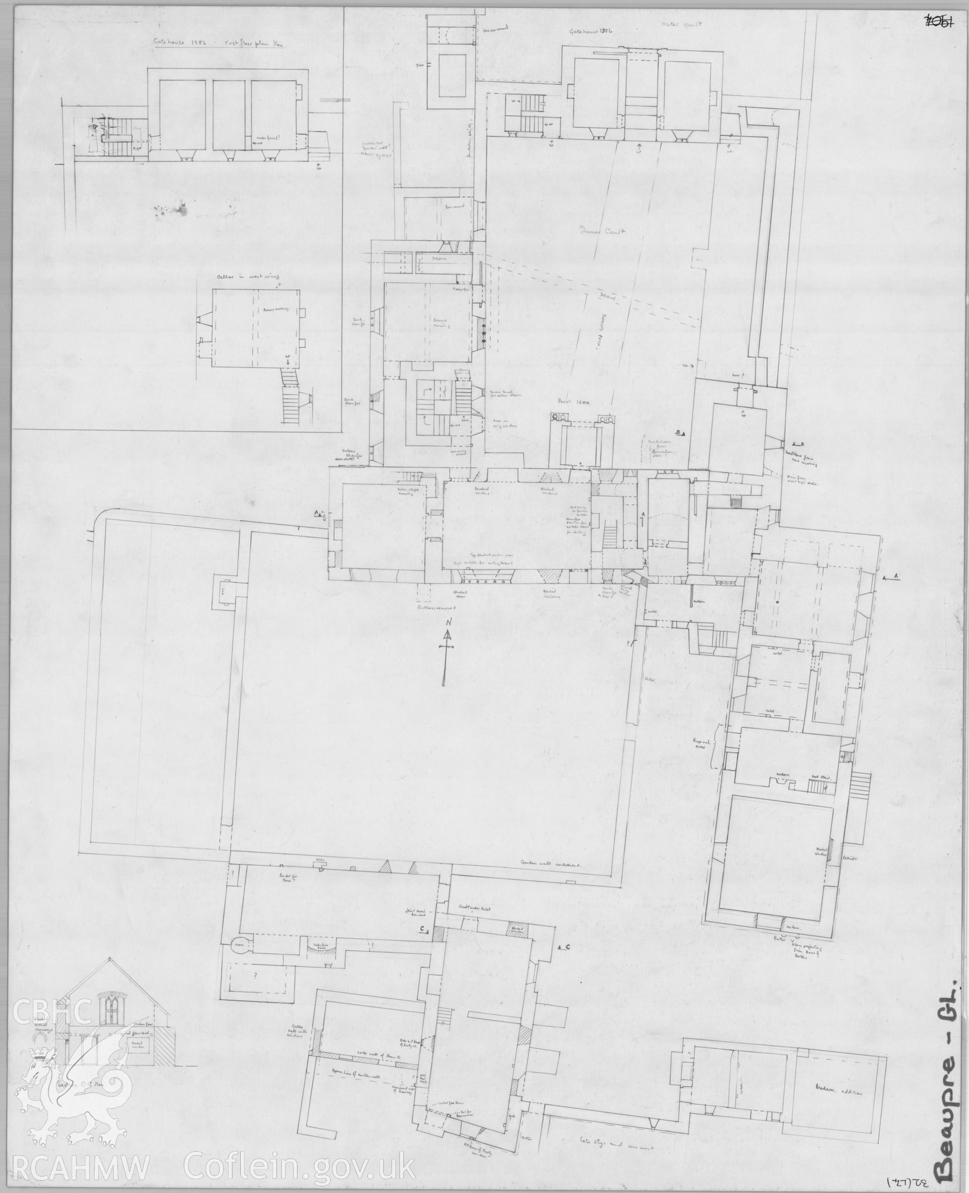 Measured pencil drawing showing plan and elevation view of Old Beaupre.