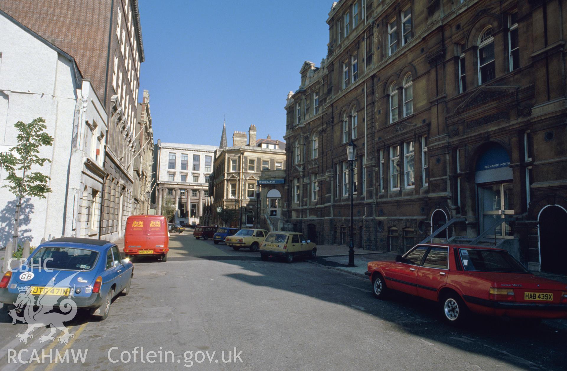 Colour transparency showing view of unnamed street, Cardiff; collated by the former Central Office of Information.