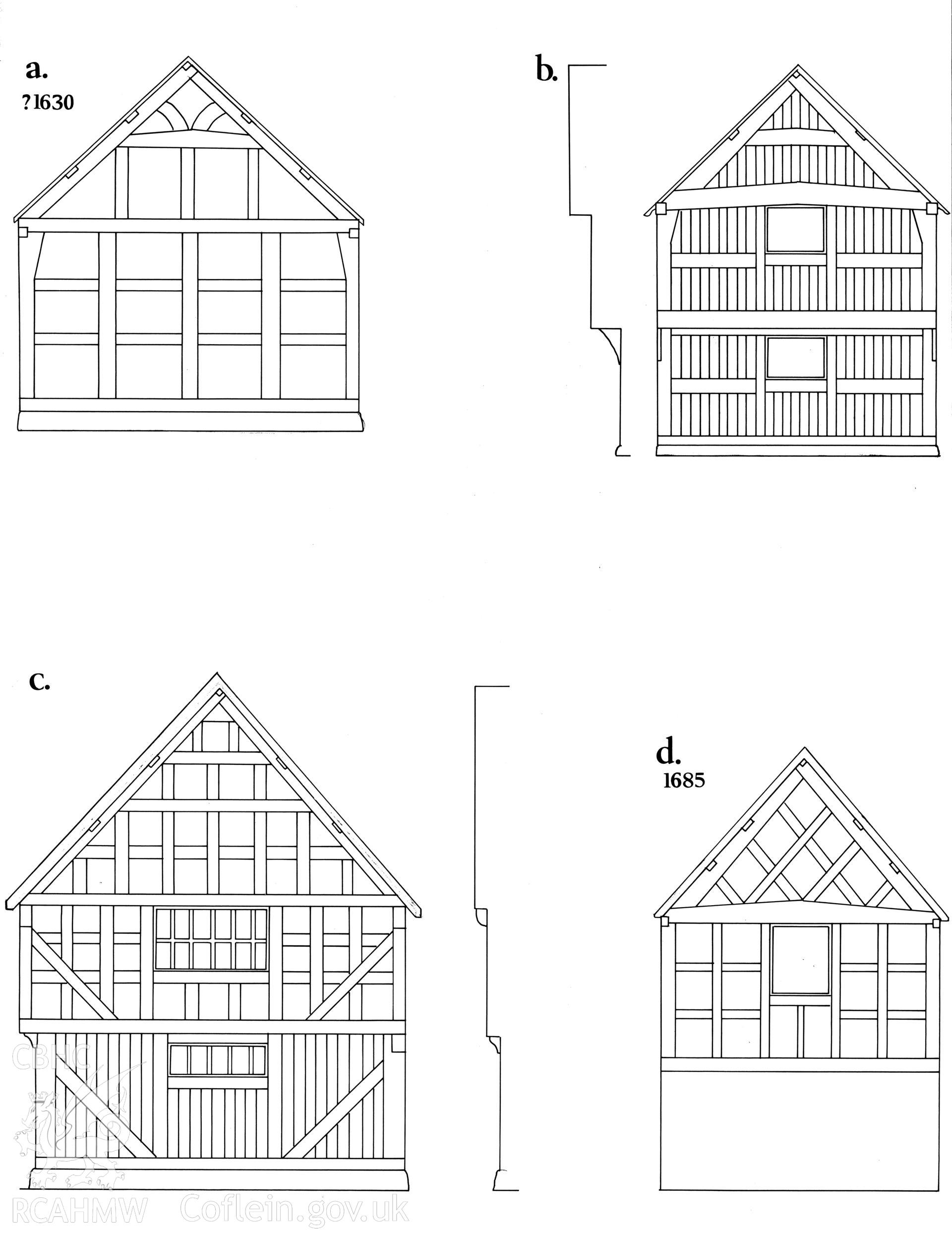 Multi site RCAHMW drawing, 4 sites, showing examples of ornate gable-ends on half-timbered houses.  Published in Houses of the Welsh Countryside, fig 177
