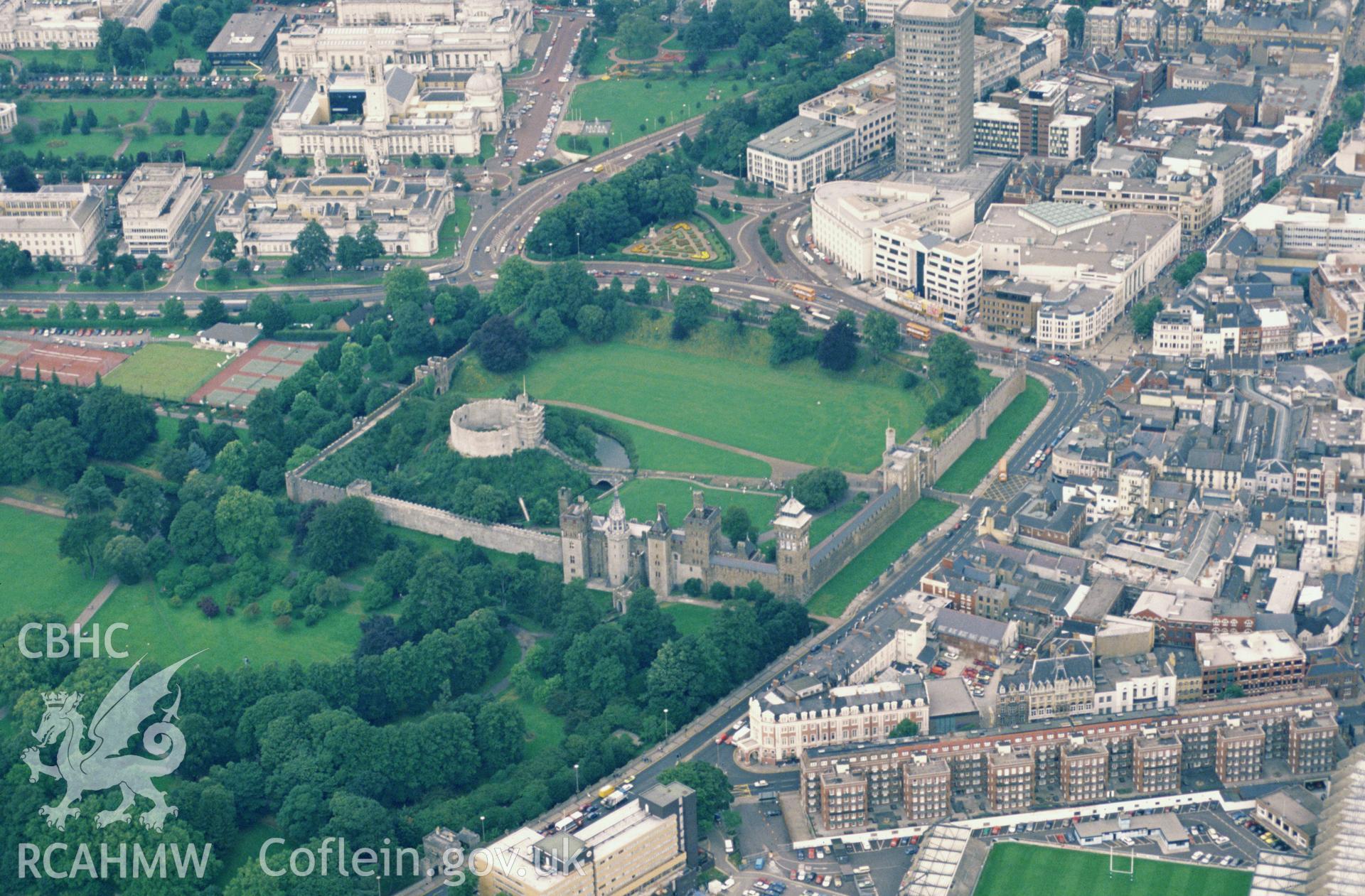 Slide of RCAHMW colour oblique aerial photograph of Cardiff Castle Roman Fort, taken by C.R. Musson, 3/7/1988.