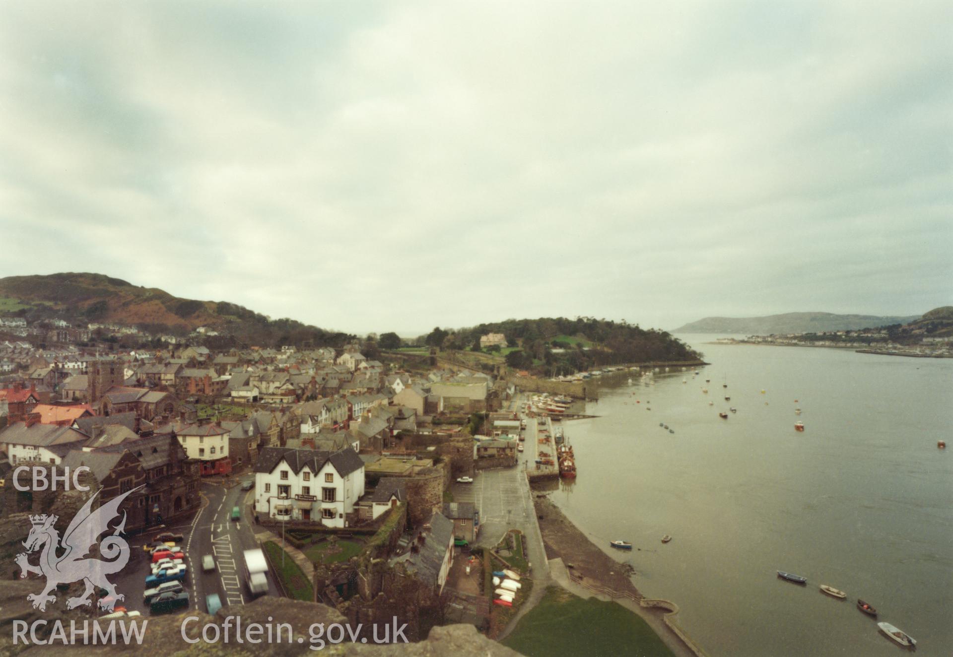 1 of a set of 27 colour prints: print showing view of town from Conwy castle, collated by the former Central Office of Information.
