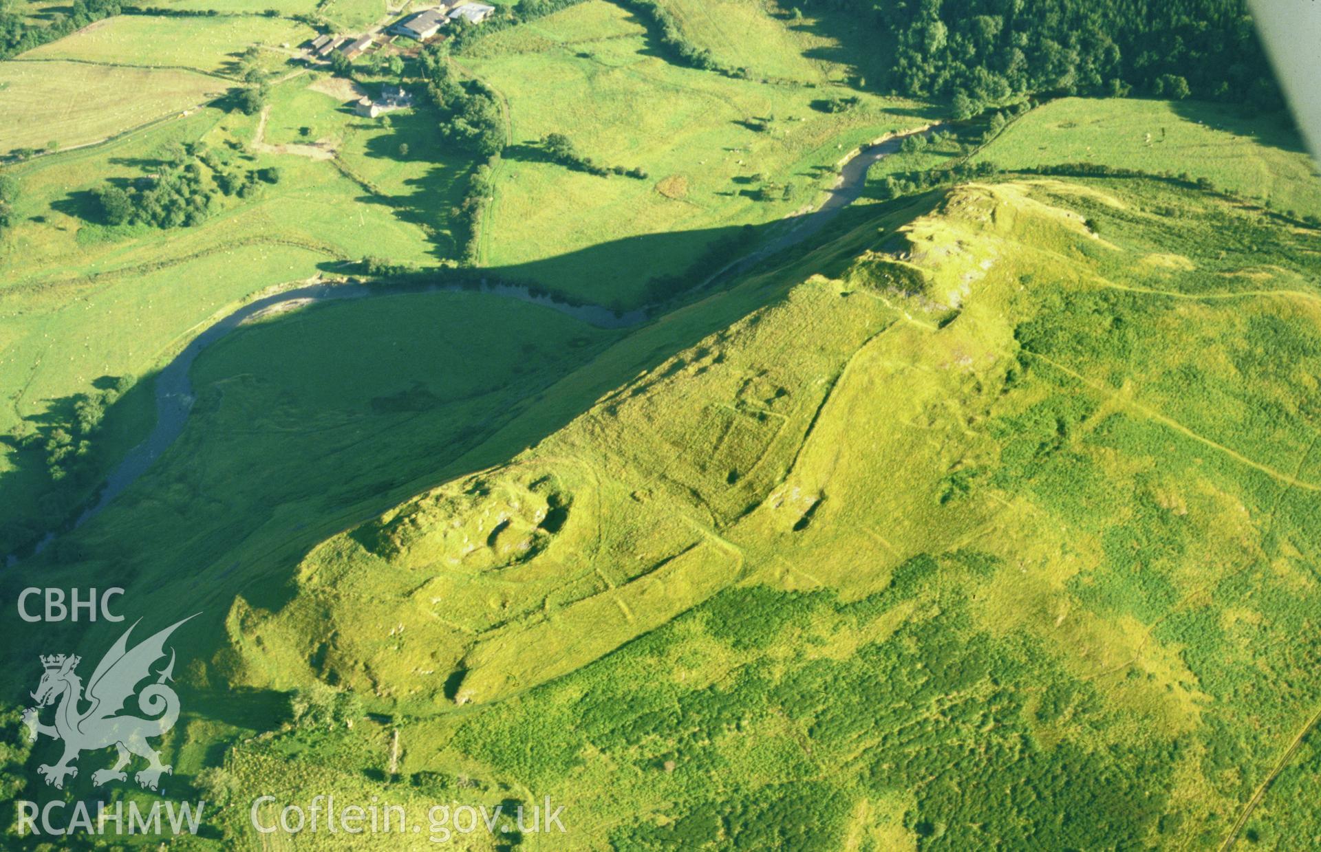 RCAHMW colour slide oblique aerial photograph of Cefnllys Castle, Penybont, taken by CR Musson on 02/08/88