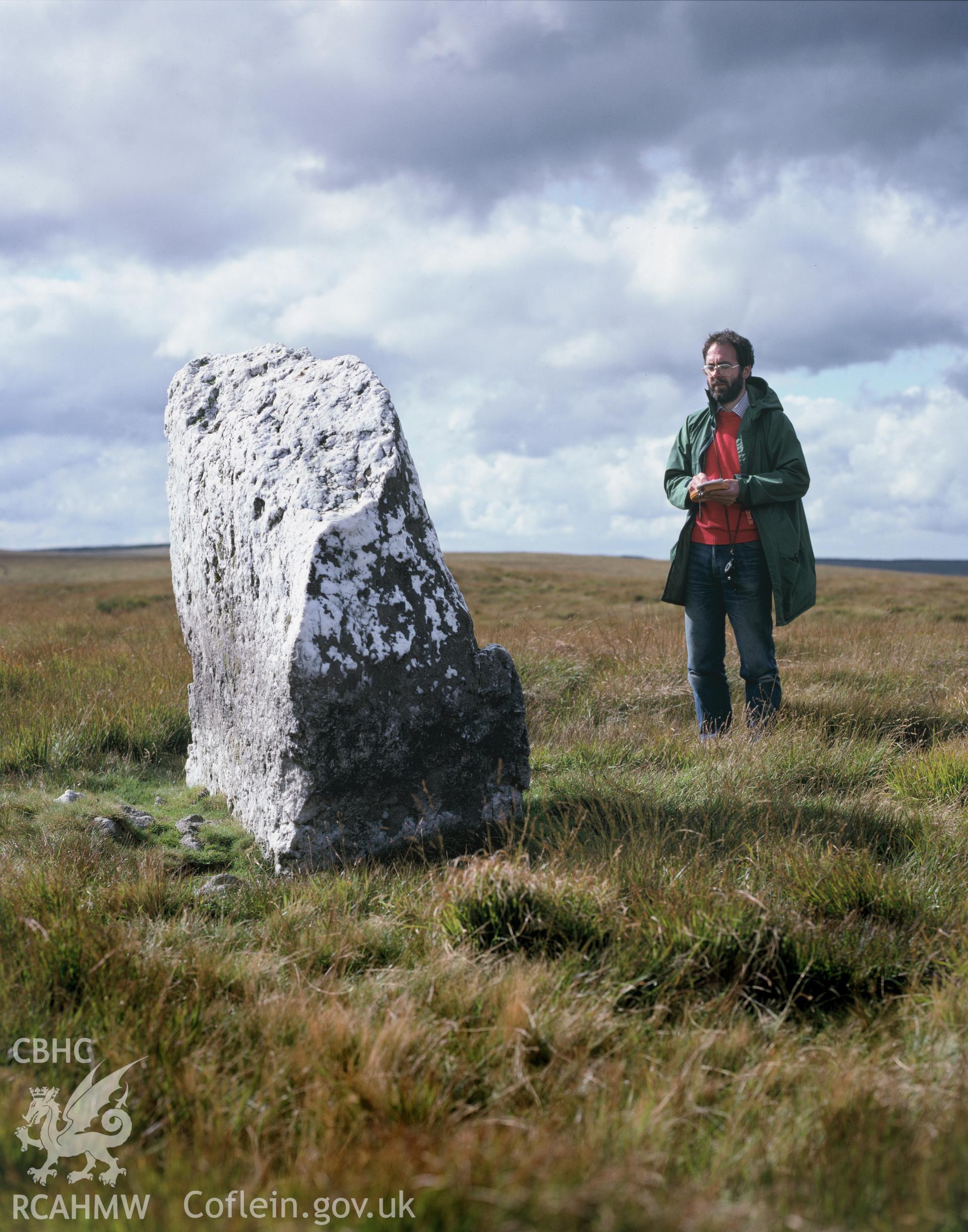 Colour transparency showing a view of Maen Lydan Standing Stone, produced by Iain Wright, c.1981.