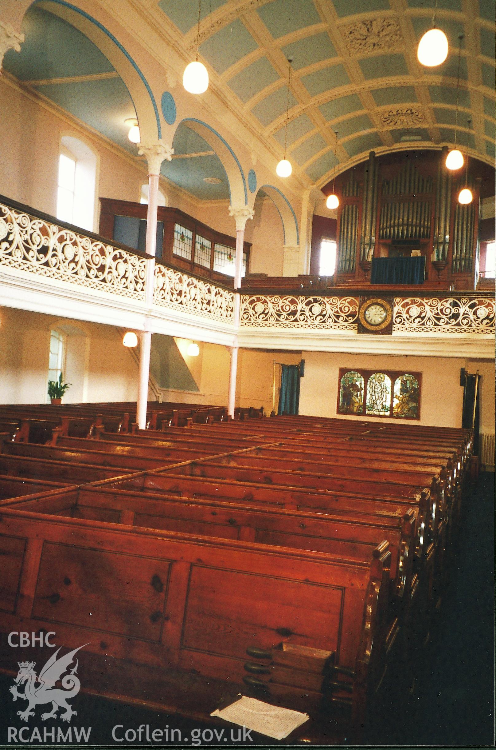 Digital copy of a colour photograph showing an interior view of Ebenezer Tabernacle Congregational Chapel, Haverfordwest,  taken by Robert Scourfield, 1995.