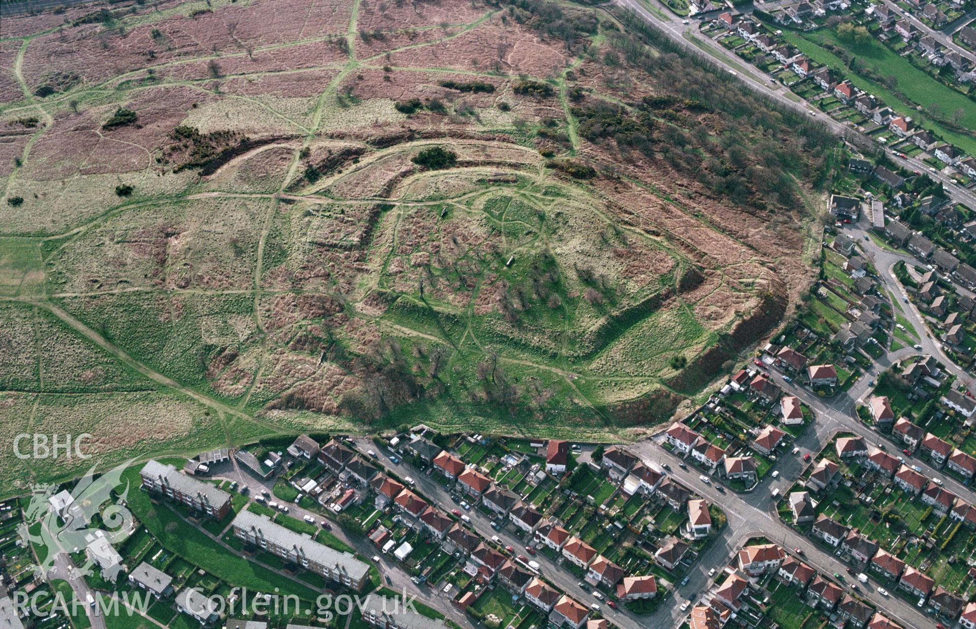 Slide of RCAHMW colour oblique aerial photograph of Tredegar Fort, taken by C.R. Musson, 26/3/1994.