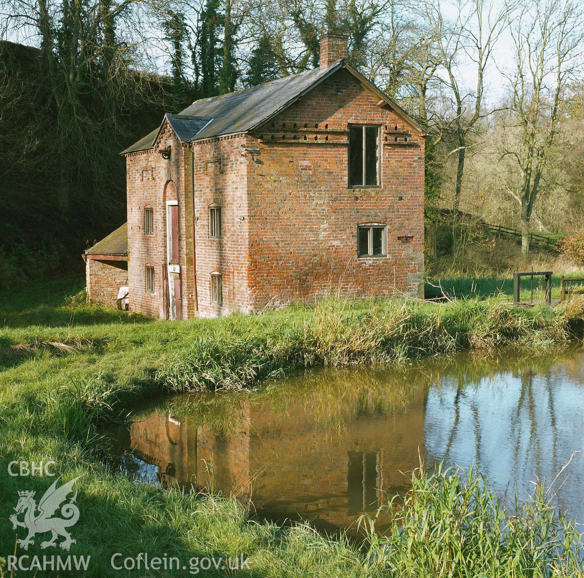 RCAHMW colour transparency showing general view across the millpond of Dymocks Mill, Malpas.