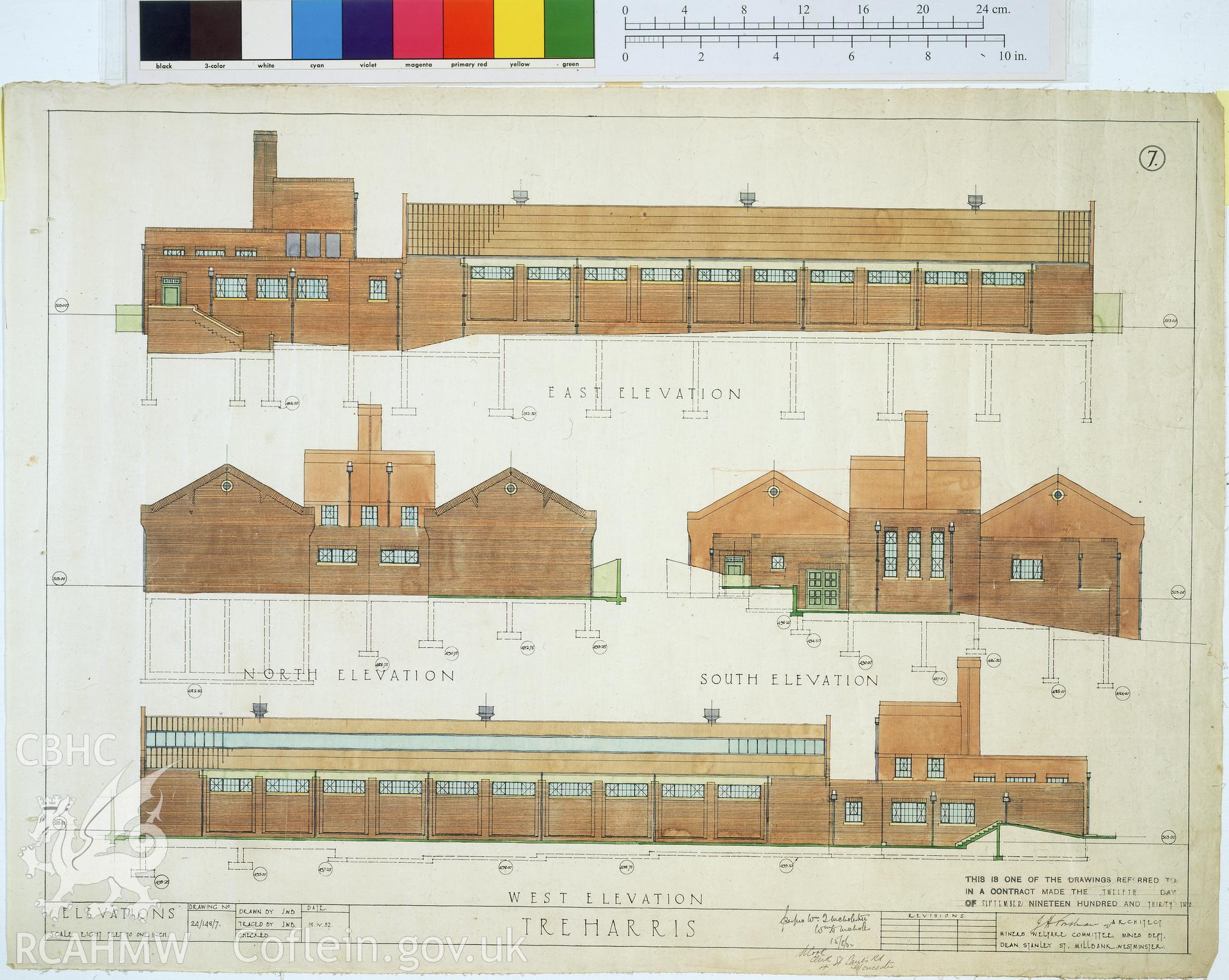Colour transparency of a measured drawing showing elevation views of the Bath House at  Ocean Deep Navigation Colliery , by J.H. Forshaw, Architect, 1932, from originals currently held by Gwent Record Office pending distribution to relevant county.