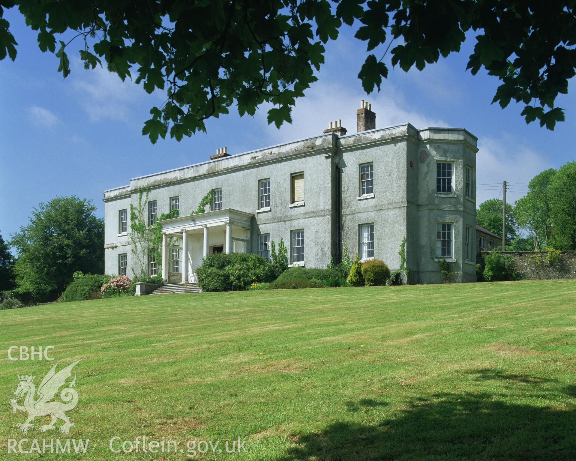 Colour transparency showing an exterior view of Plas Llansteffan, produced by Iain Wright, June 2004.