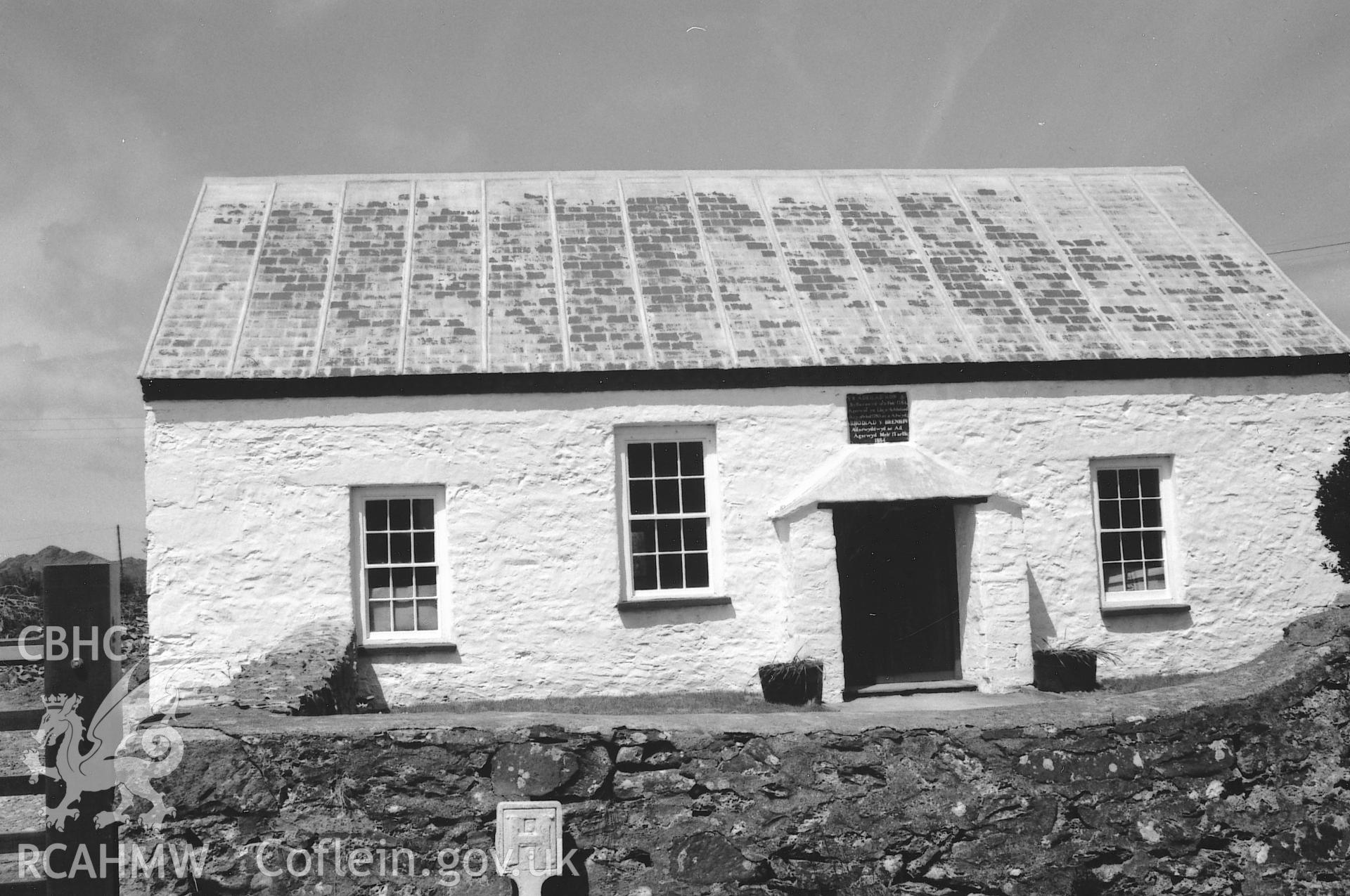 Digital copy of a black and white photograph showing an exterior view of Rhodiad yr Brenin Congregational Chapel, St David's,  taken by Robert Scourfield, 1995.
