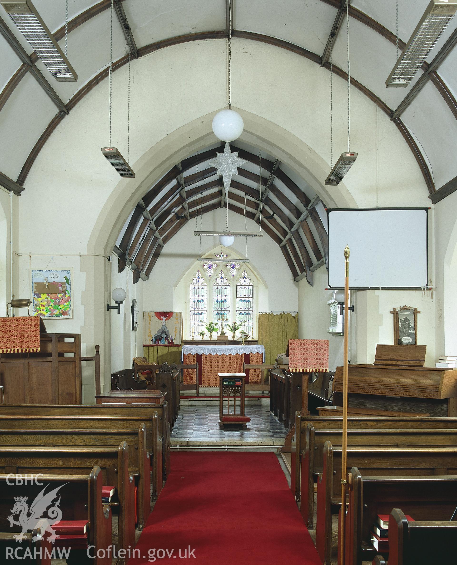 RCAHMW colour transparency showing interior view of St Michael and All Angels Church, Llanfihangel uwch Gwili.