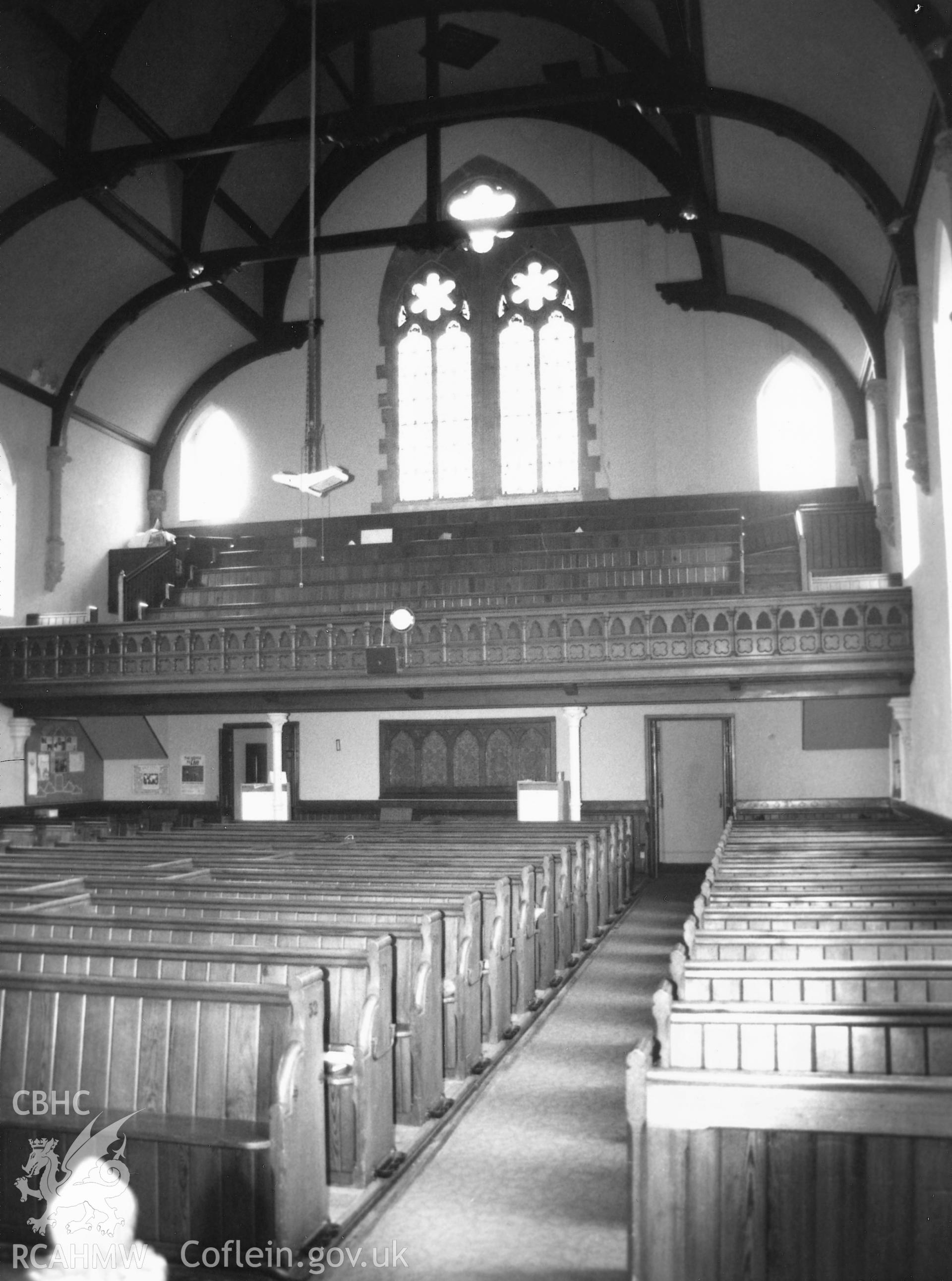 Digital copy of a black and white photograph showing an interior view of Deer Park  Baptist Chapel, Tenby,  taken by Robert Scourfield, 1995.