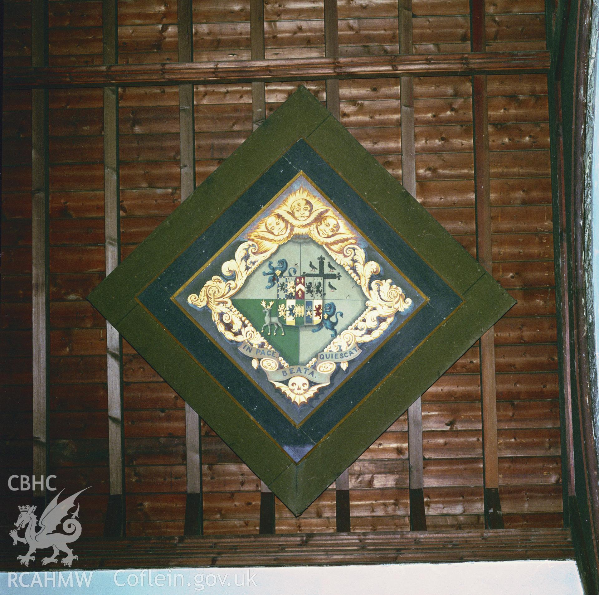 RCAHMW colour transparency showing a ceiling-mounted armorial panel at Ruabon Church, taken by I.N. Wright, 2003