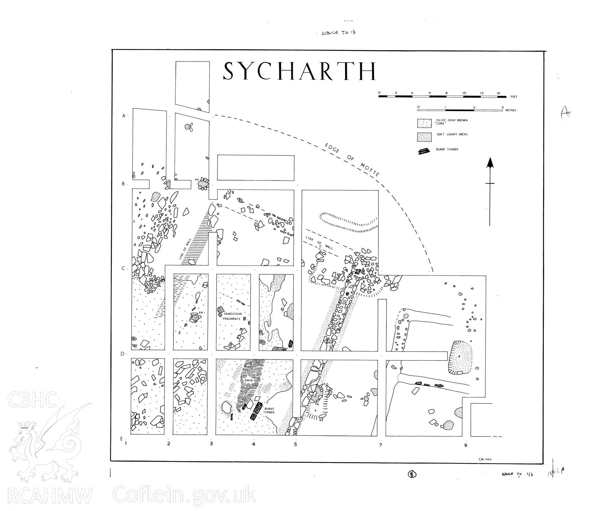 Sycharth Castle, Llansilin; ink drawing by Douglas Hague showing plan of the structure on top of the motte, produced following excavations of 1962-63 and published in Archaeologia Cambrensis Vol CXV, 1966, fig 4.